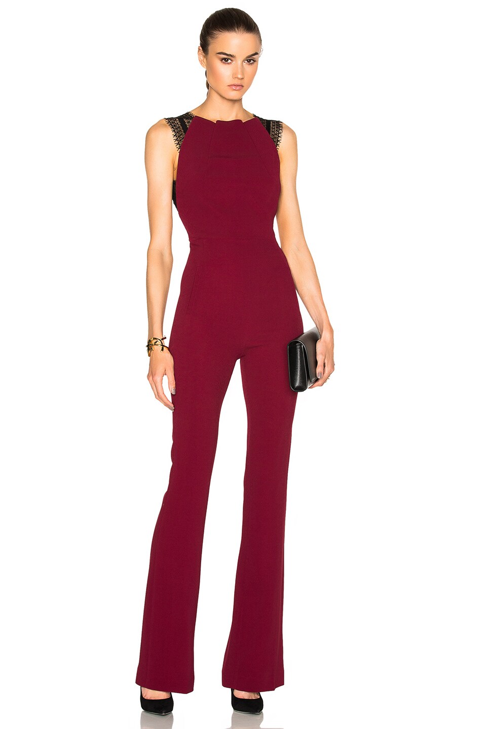 Image 1 of Roland Mouret Cross Double Crepe & Lace Jumpsuit in Cherry Red & Black