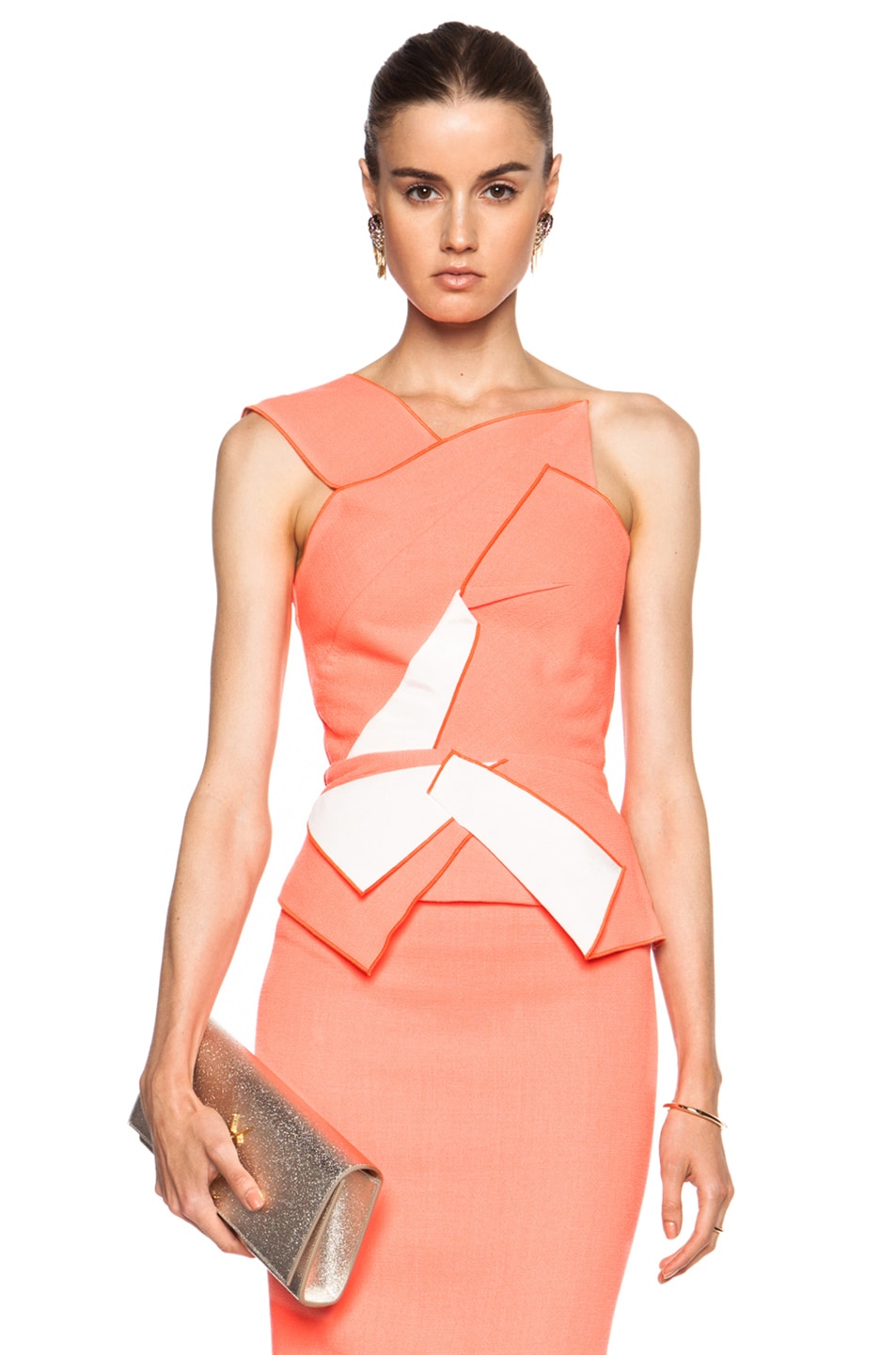 Roland Mouret Soulton Wool Top in Fluro Coral & White | FWRD