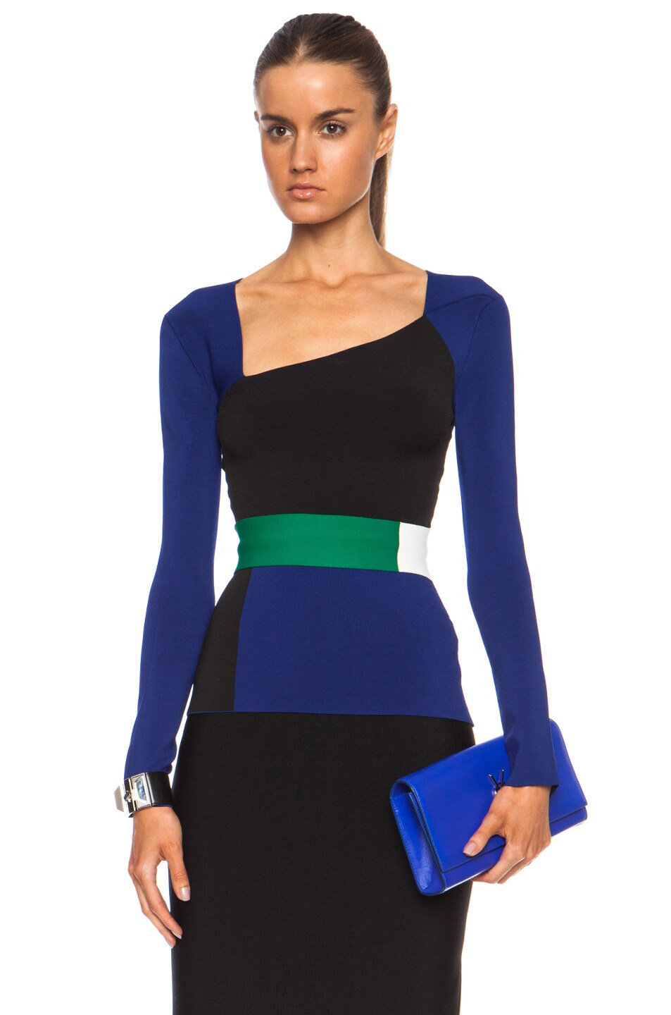 Image 1 of Roland Mouret Harmonia Color Block Knit Rayon-Blend Top in Royal Blue Multi