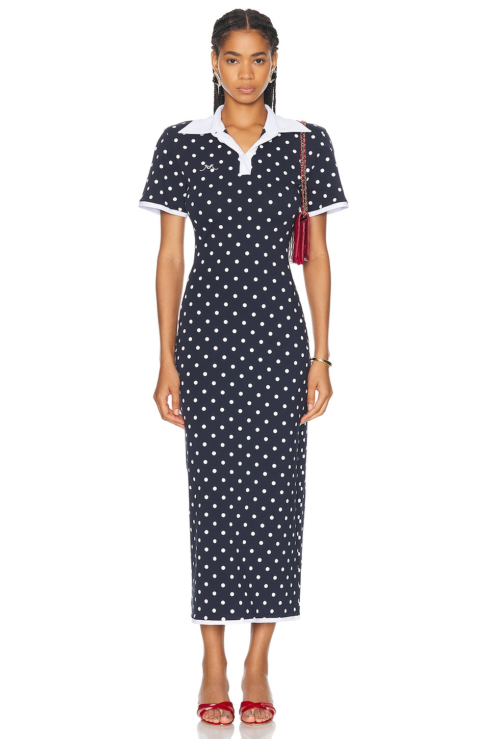 Image 1 of Rowen Rose Long Polo Dress in Navy Blue & White Polka Dots