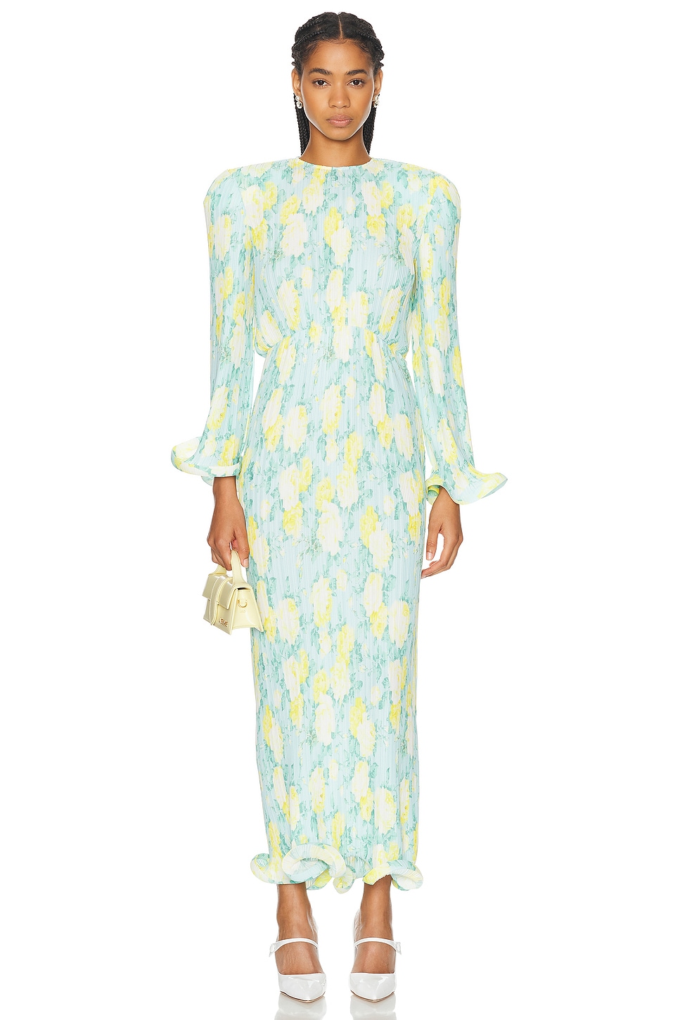 Image 1 of Rowen Rose Pleated Georgette Printed Long Dress in Blue & Yellow Roses