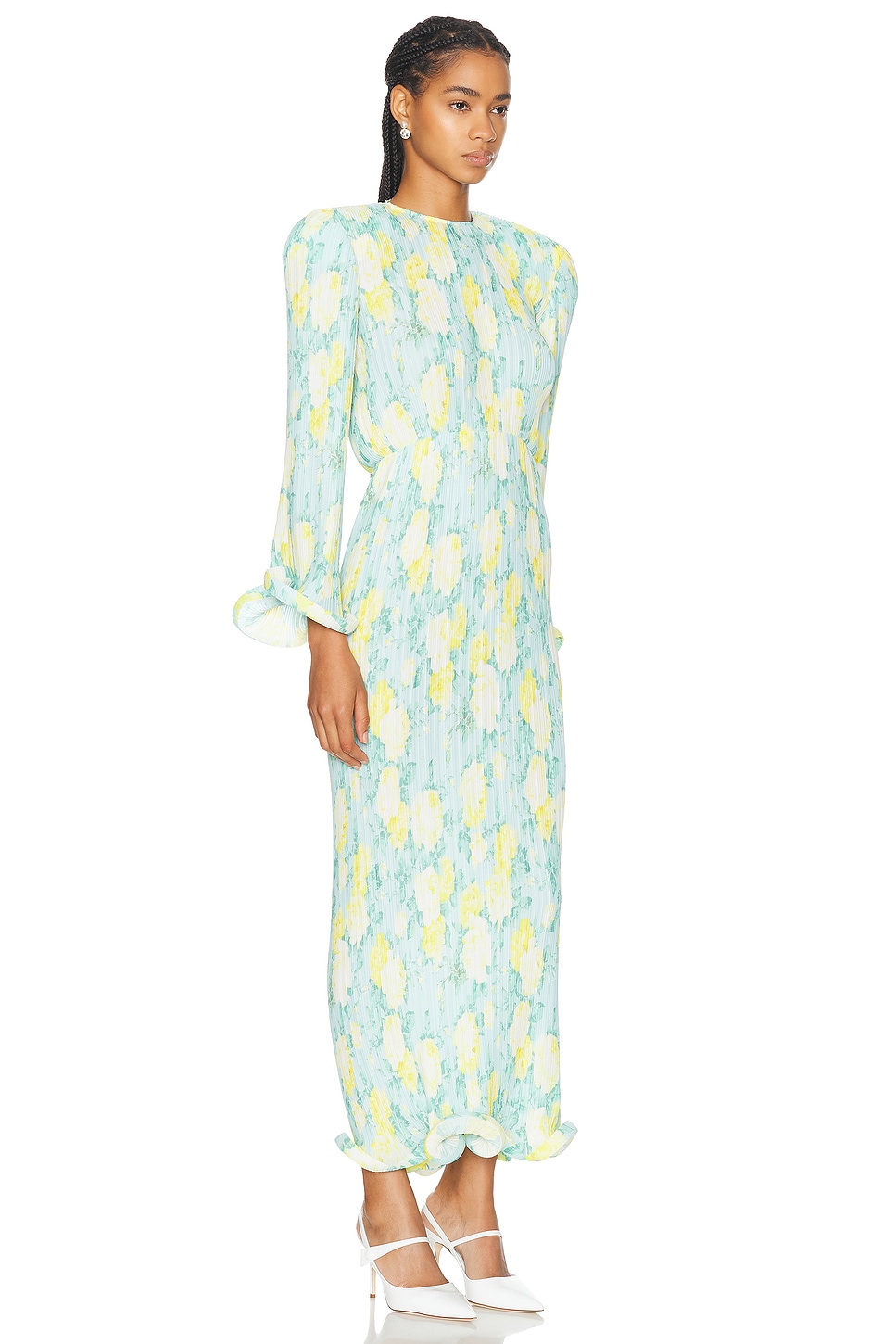 Shop Rowen Rose Pleated Georgette Printed Long Dress In Blue & Yellow Roses