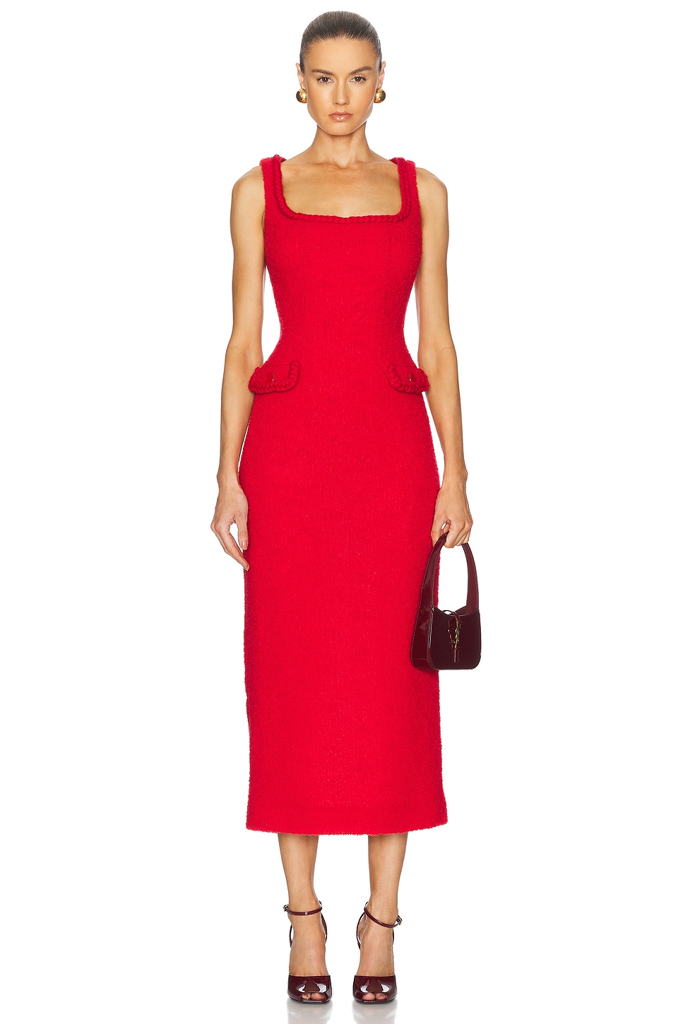 Tweed Sleeveless Long Dress in Red