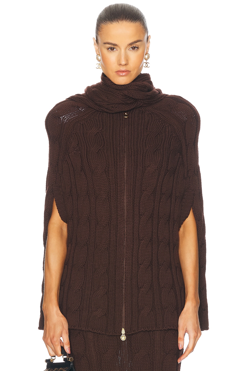 Knit Cape With Scarf in Brown