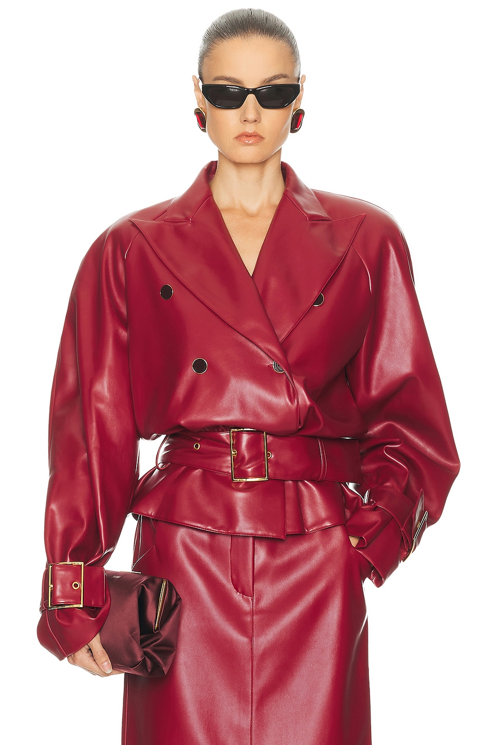 Image 1 of Rowen Rose Faux Leather Belted Jacket in Bordeaux