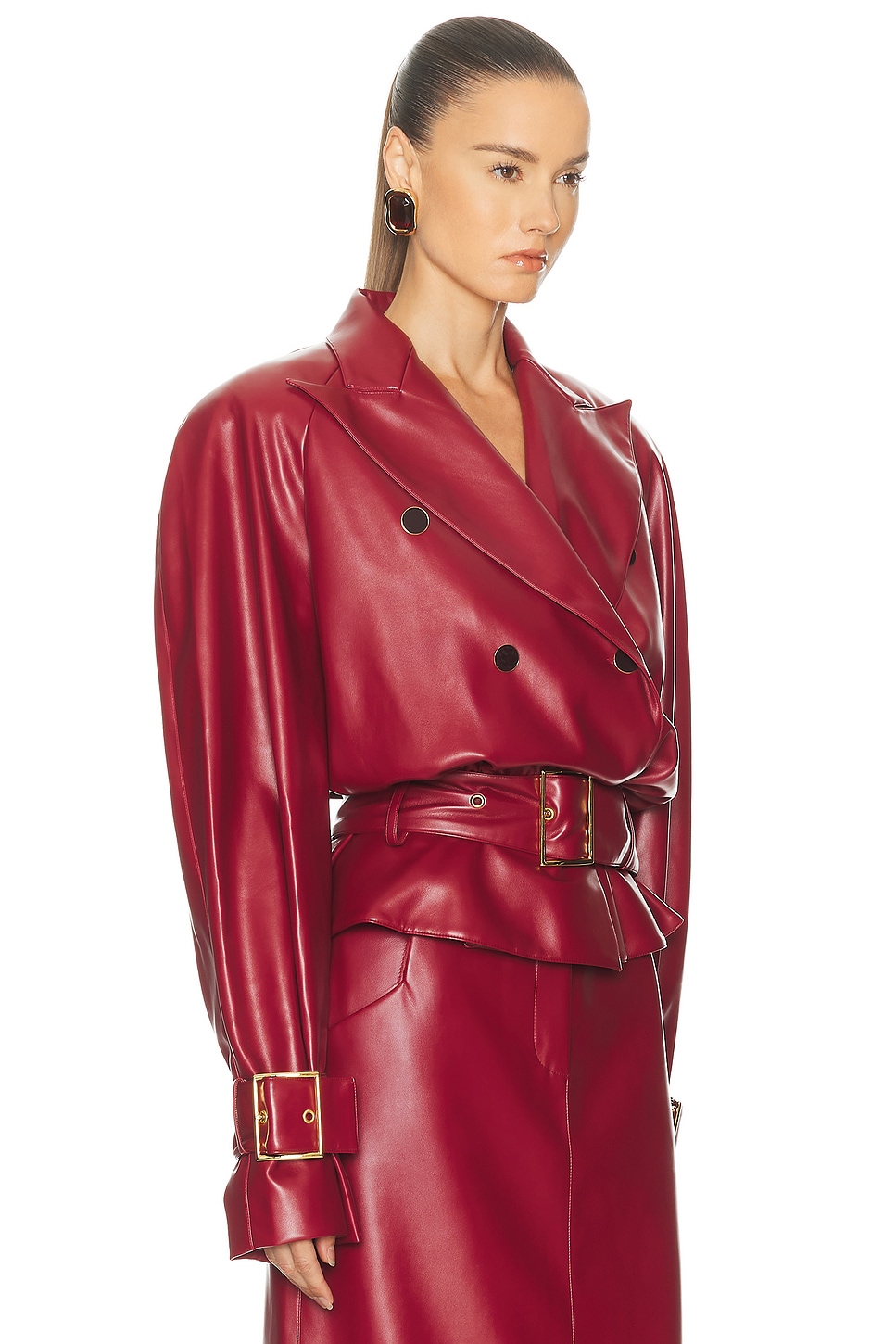 Rowen Rose Faux Leather Belted Jacket In Burgundy