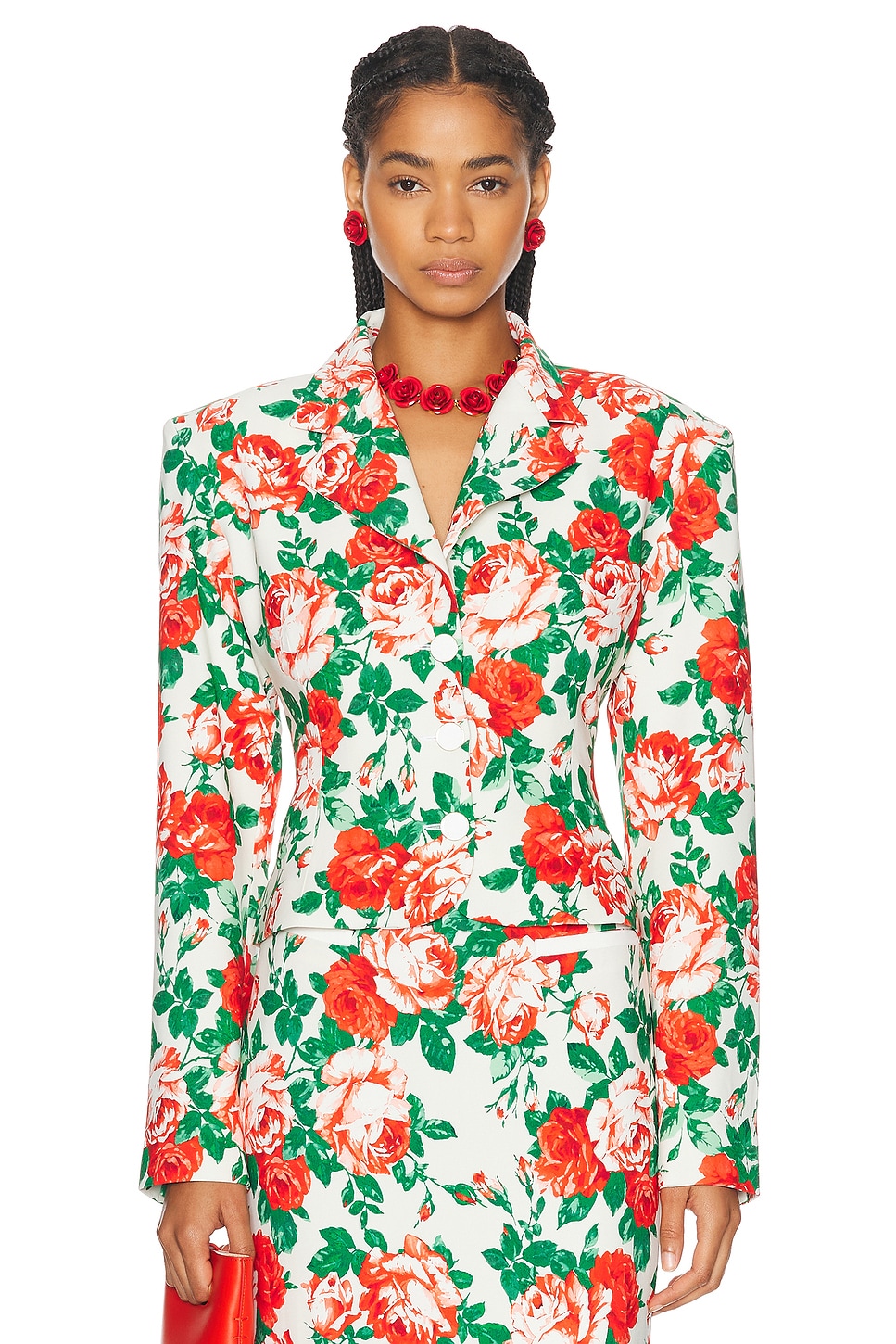 Rowen Rose Sable Printed Oversized Tailored Jacket In Cream & Red Roses