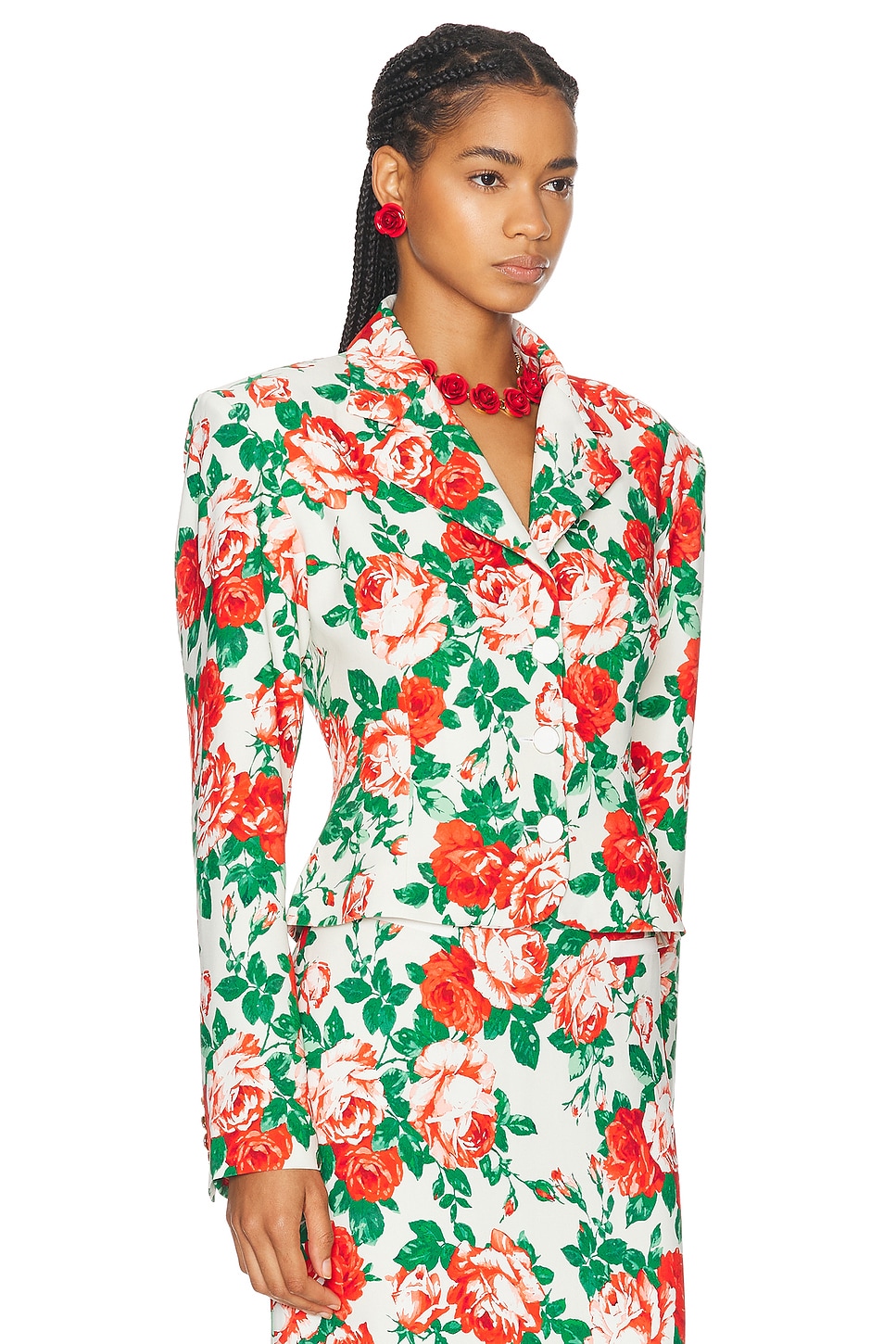 Shop Rowen Rose Sable Printed Oversized Tailored Jacket In Cream & Red Roses