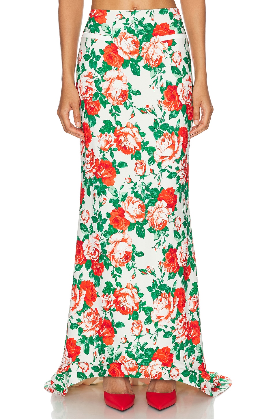 Image 1 of Rowen Rose Sable Printed Low Waist Long Skirt in Cream & Red Roses