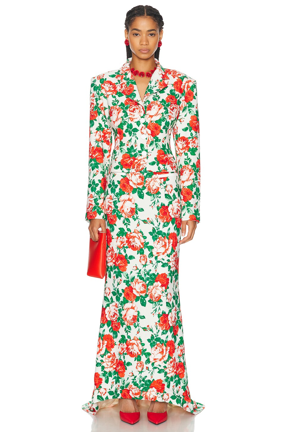 Rowen Rose Sable Printed Low Waist Long Skirt in Cream & Red Roses | FWRD