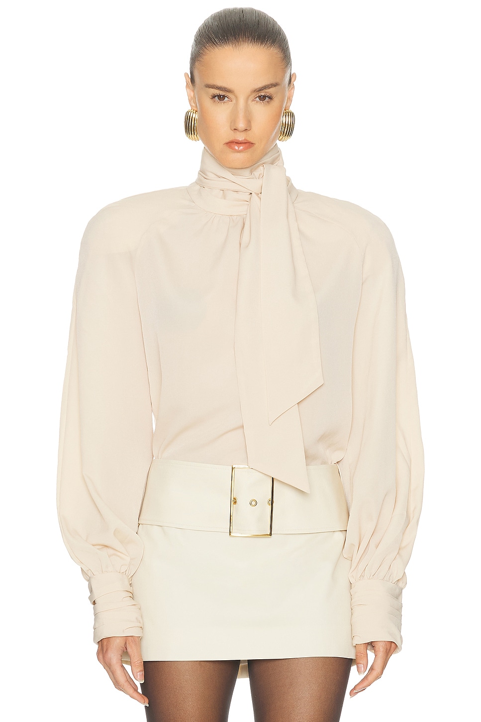 Rowen Rose Tie Neck Blouse In Neutral