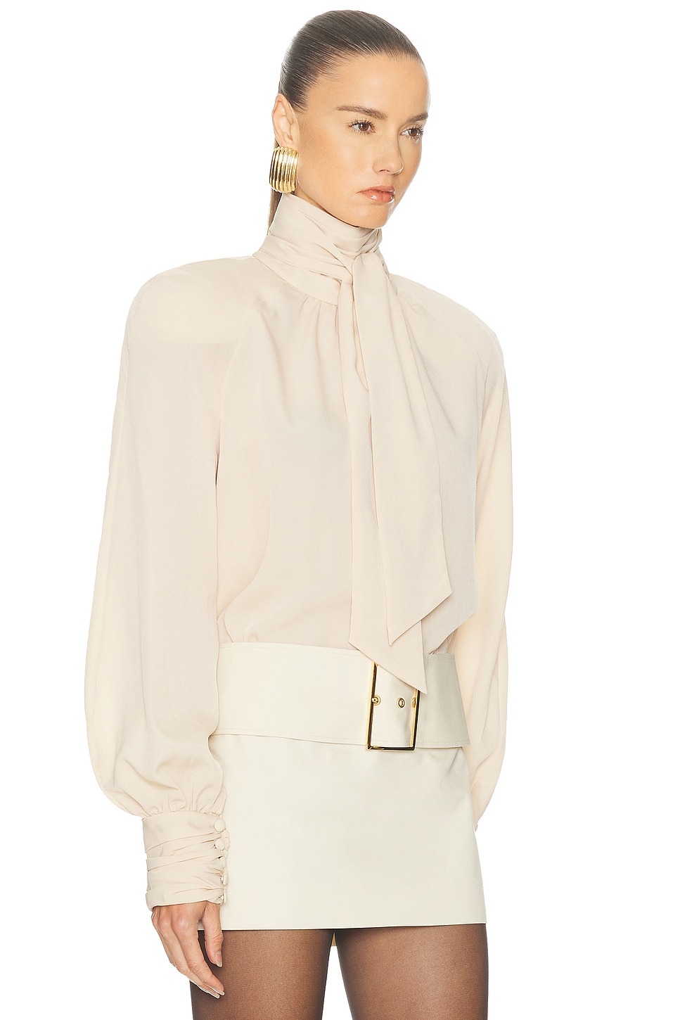 Rowen Rose Tie Neck Blouse In Neutral
