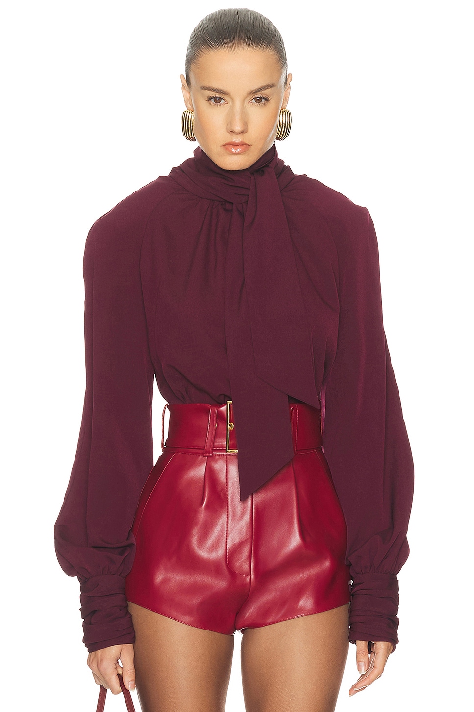 Image 1 of Rowen Rose Tie Neck Blouse in Bordeaux