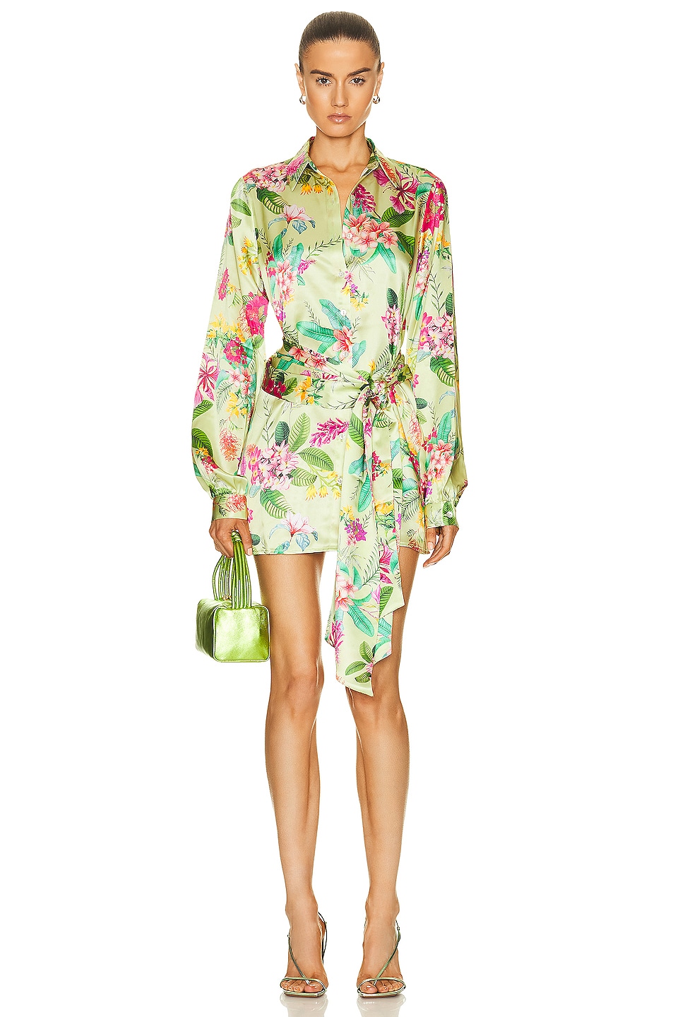 Image 1 of ROCOCO SAND Rue Long Sleeve Short Dress in Lime Green Colourful Floral