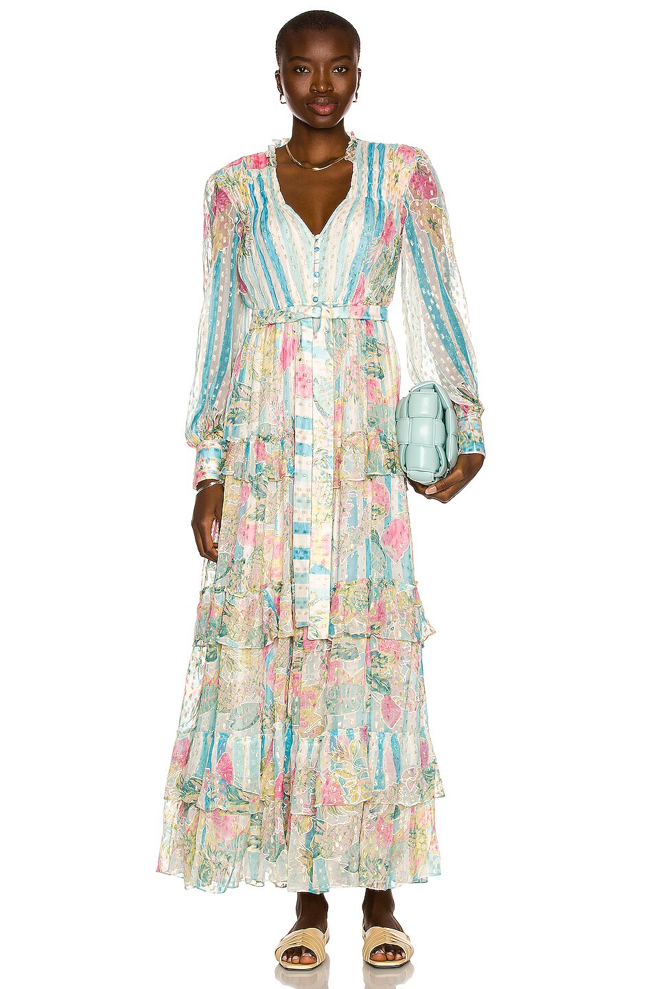 ROCOCO SAND Lily Maxi Dress in Off White & Blue | FWRD