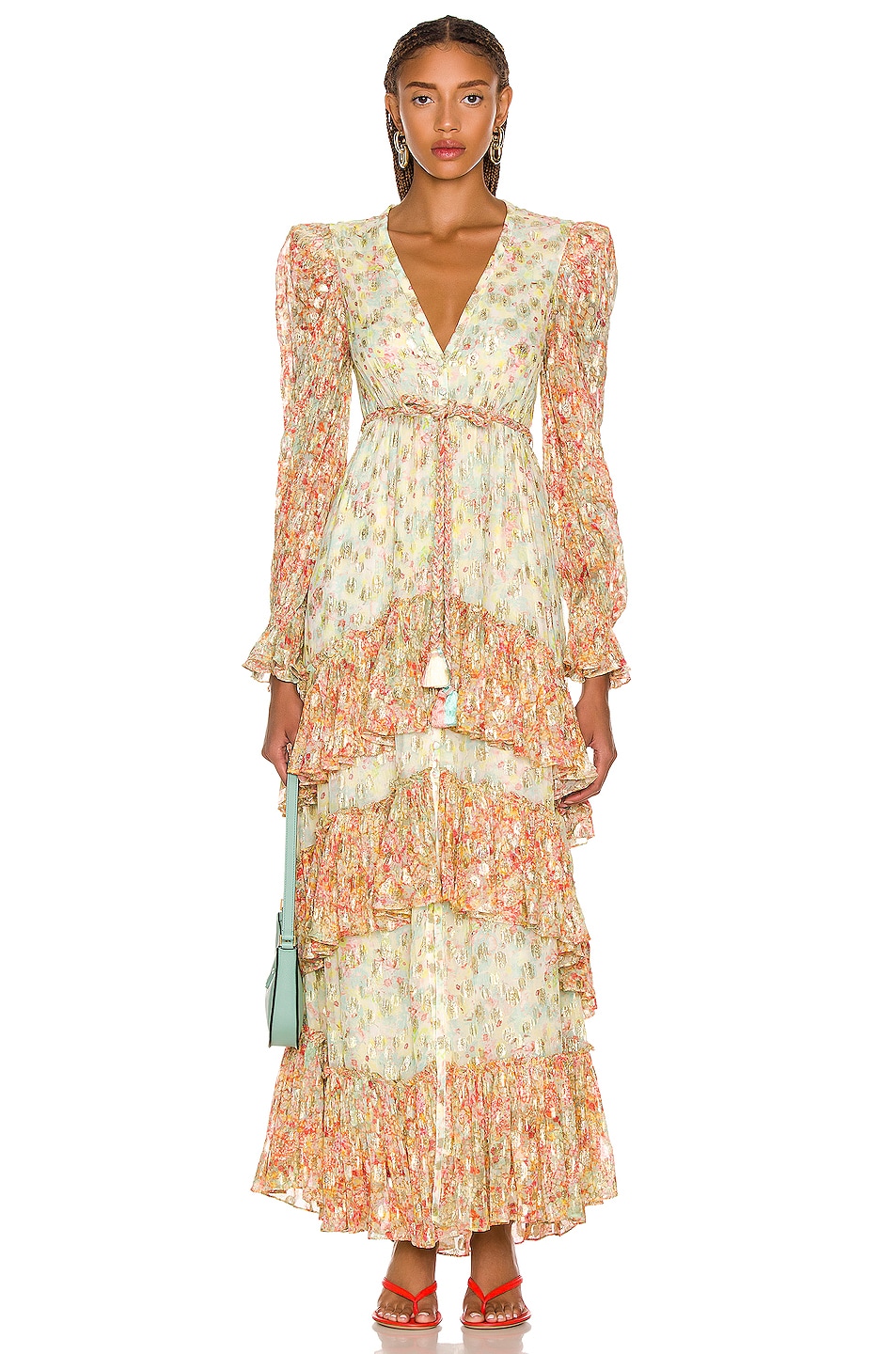 Image 1 of ROCOCO SAND Faye Belted Maxi Dress in Lime & Peach