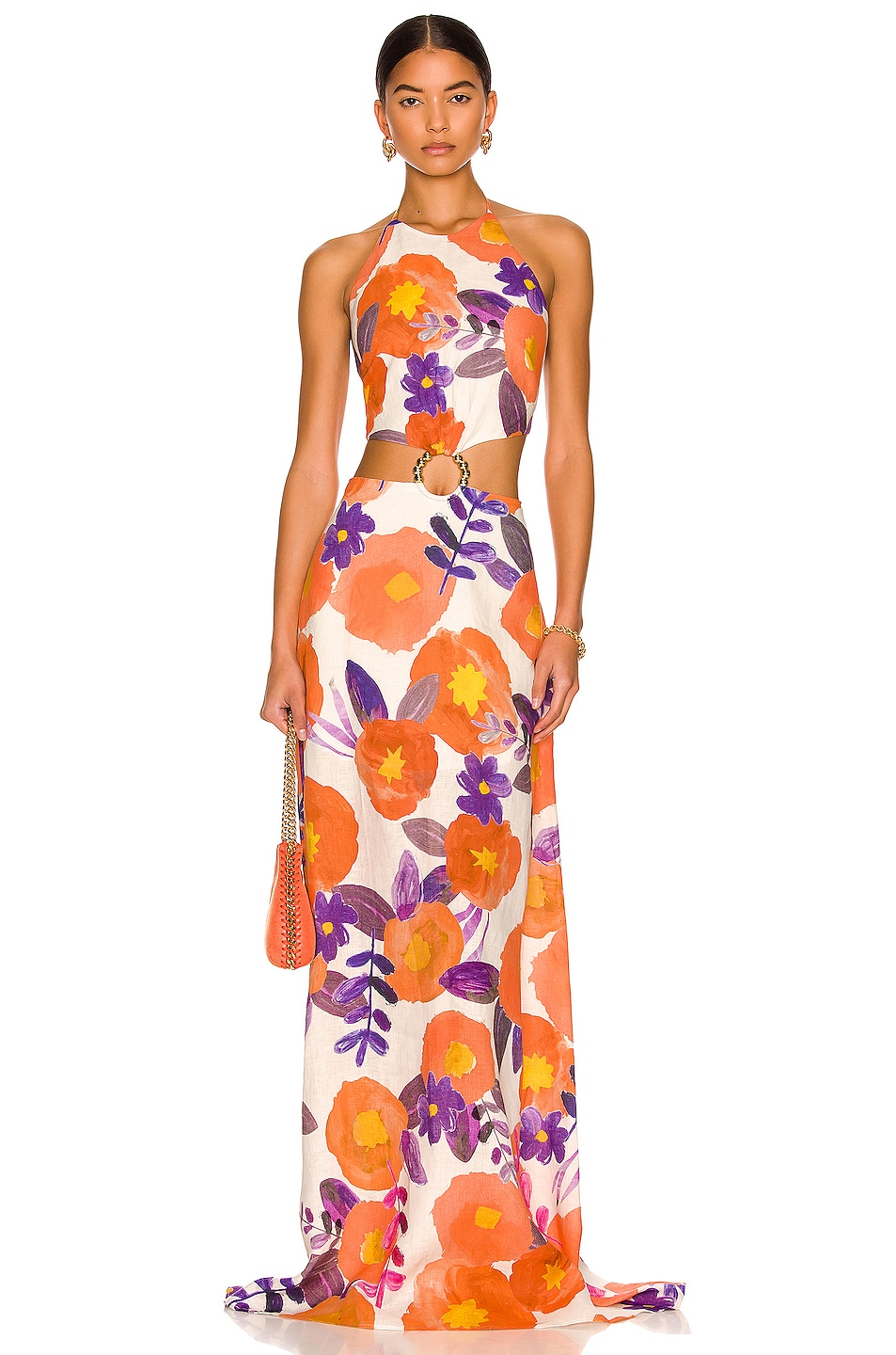 Image 1 of Raisa Vanessa Halter Neck Floral Cutout Maxi Dress in Orange & Yellow