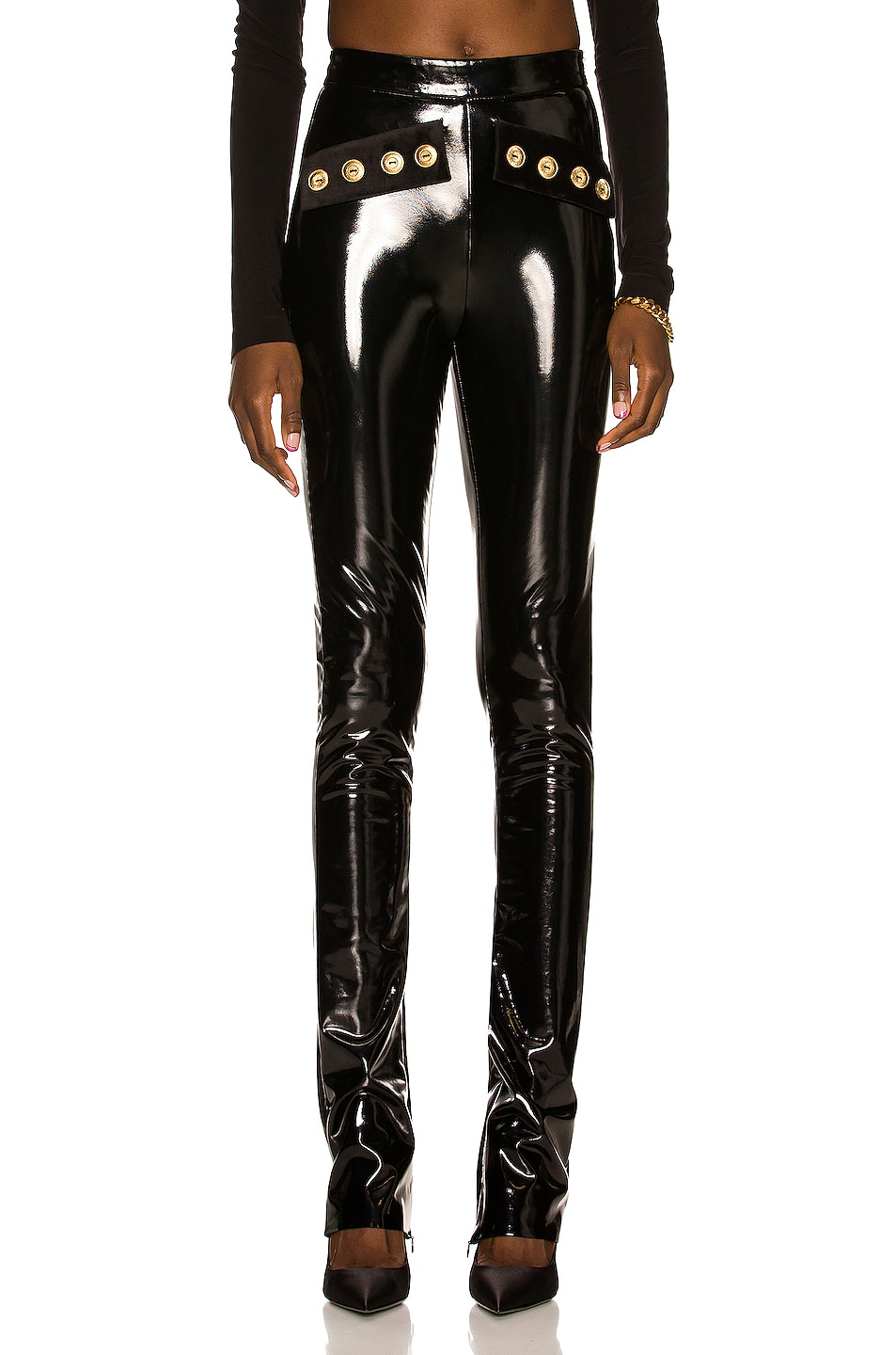 Image 1 of Raisa Vanessa Gold Buckle Patent Leather Pant in Black