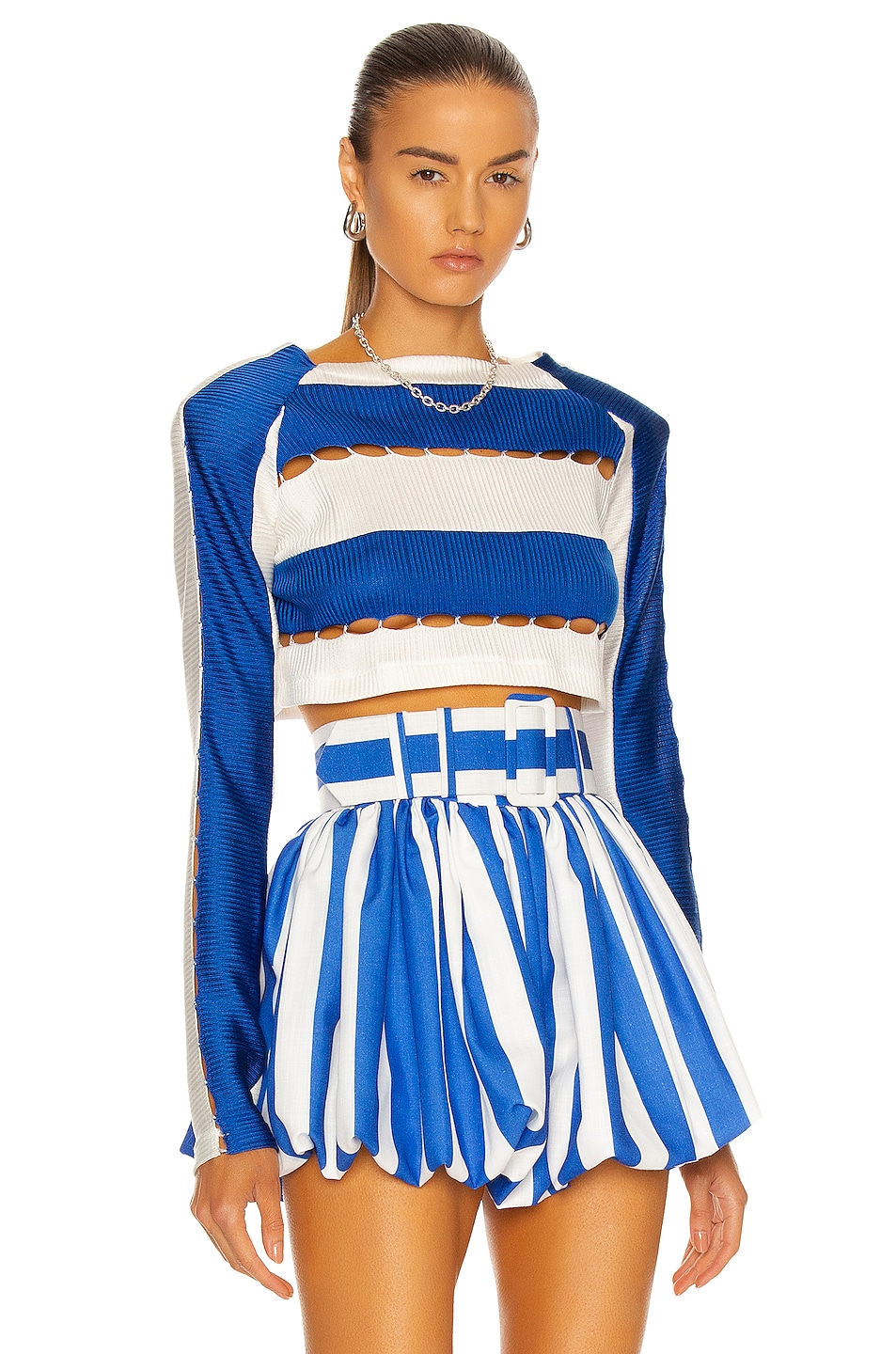 Image 1 of Raisa Vanessa Long Sleeve Striped Crop Top in Saxe & White