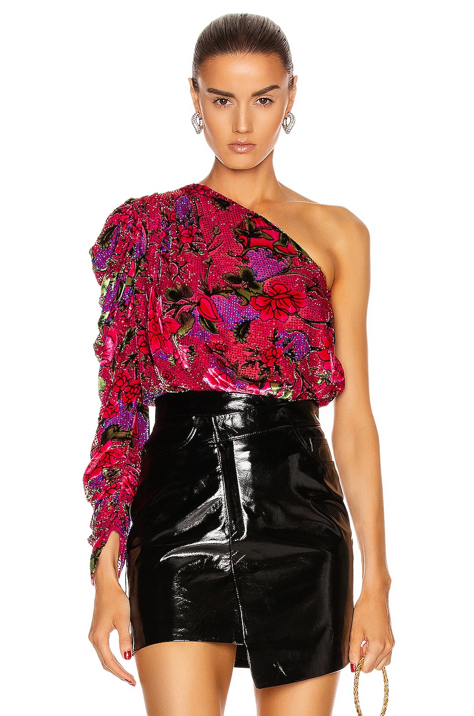 Image 1 of Raisa Vanessa One Shoulder Strass Embellished Blouse in Fuchsia