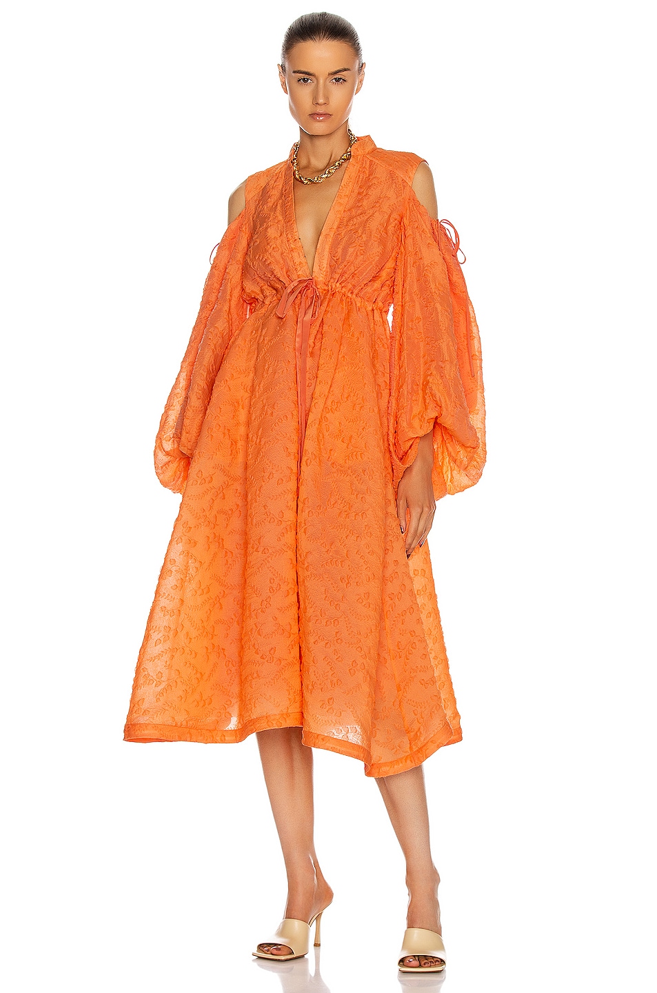Image 1 of Rosie Assoulin Cold Shoulder Gathered Shirt Dress in Cantaloupe
