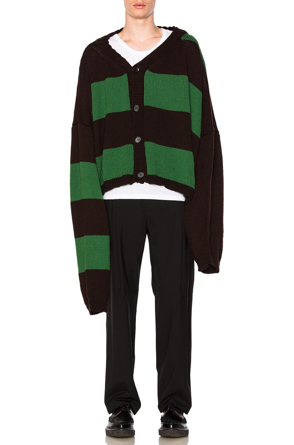 Image 1 of Raf Simons Disturbed Striped Cardigan in Dark Brown & Green