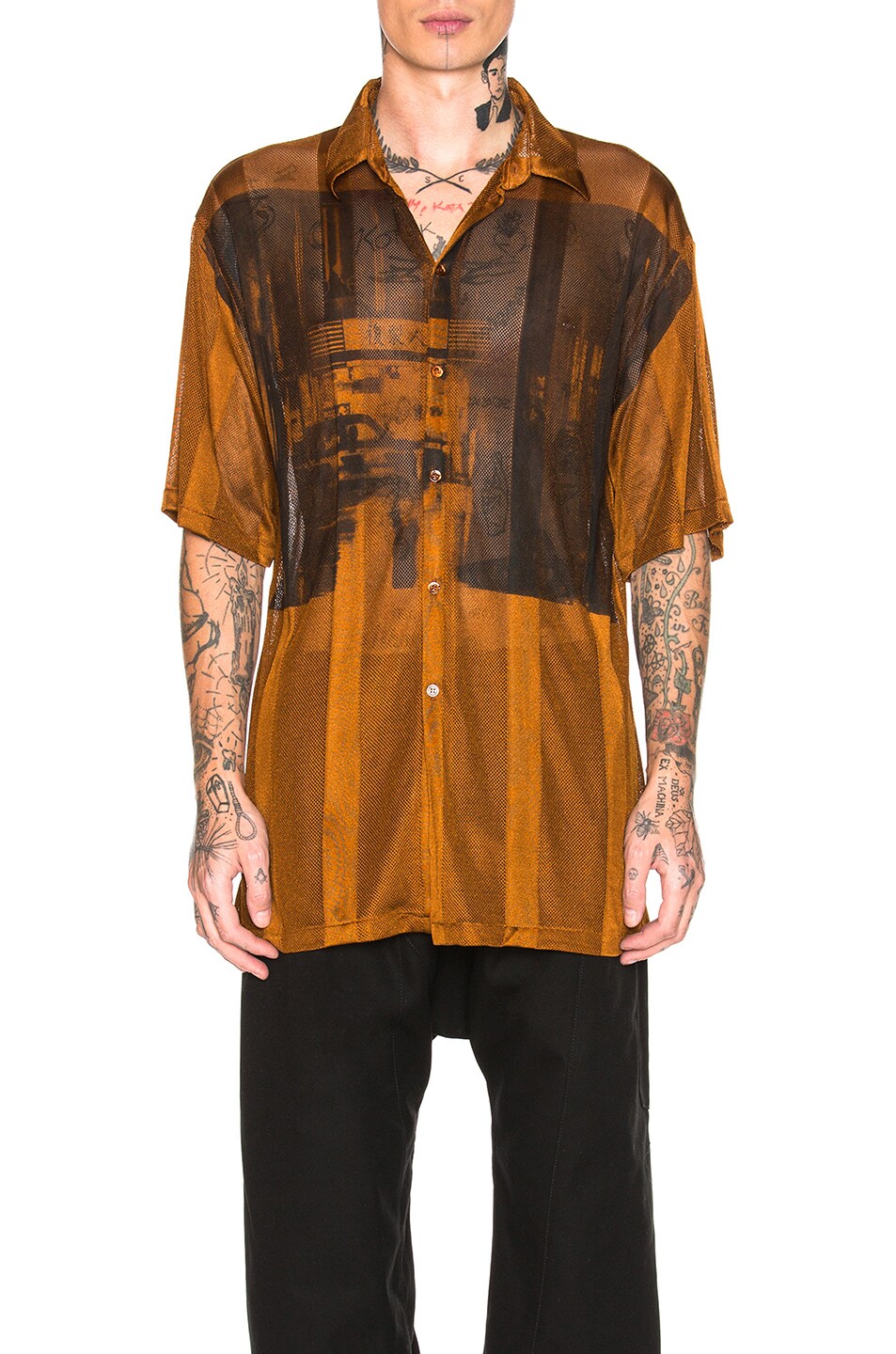 Image 1 of Raf Simons Short Sleeve Net Jersey Shirt in Cognac