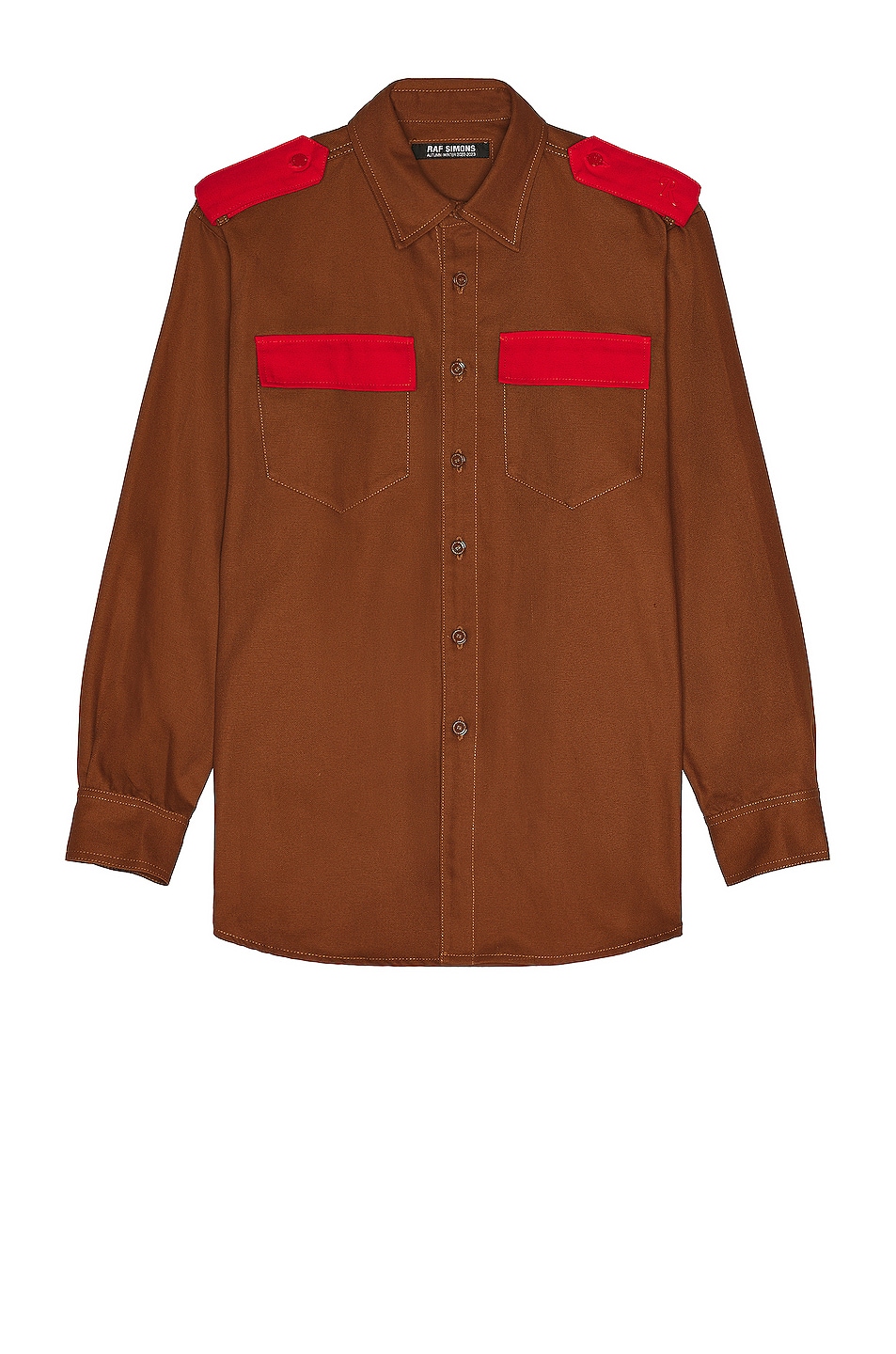 Image 1 of Raf Simons Straight Fit Bicolor Denim Uniform Shirt in Dark Brown & Red
