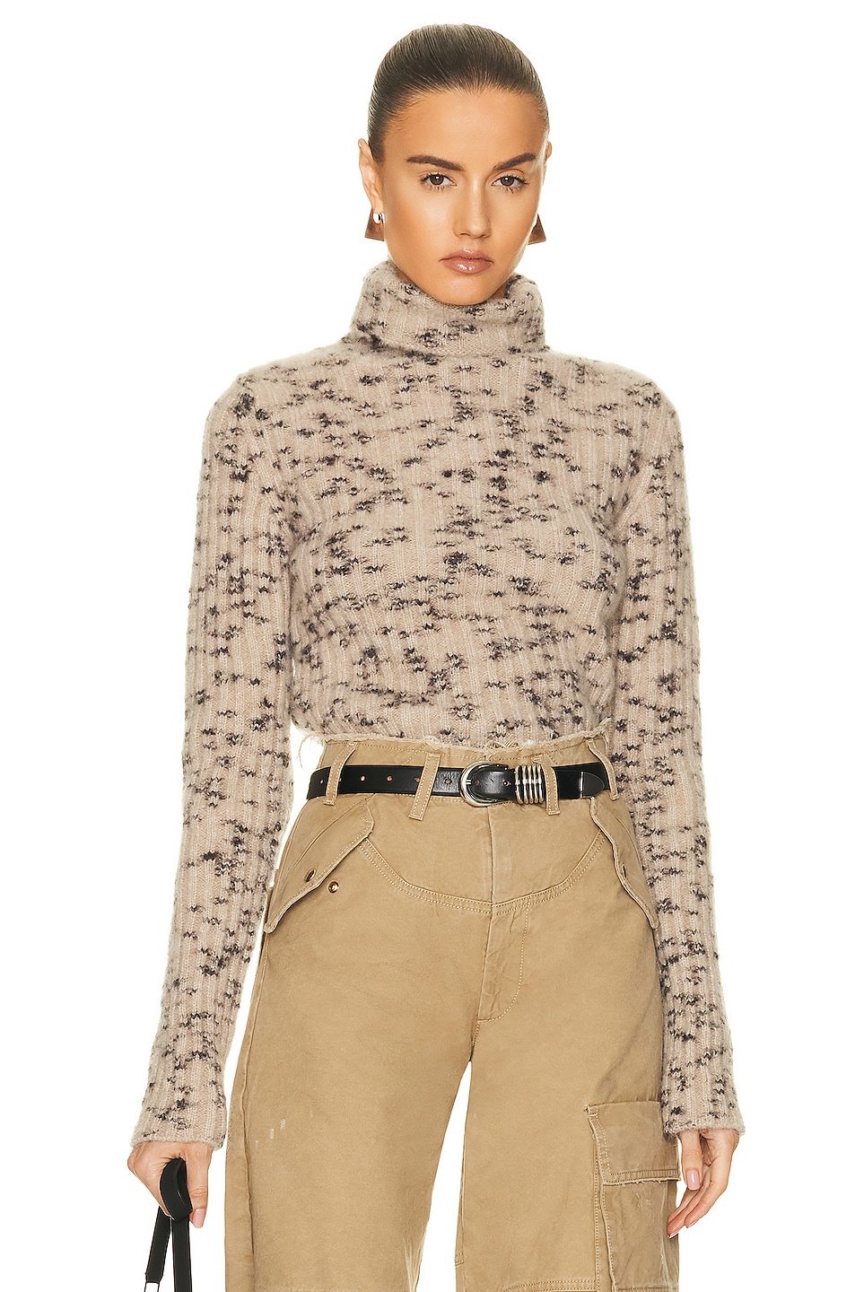 Image 1 of Raf Simons Ribbed Spotted Turtleneck Sweater in Camel Black