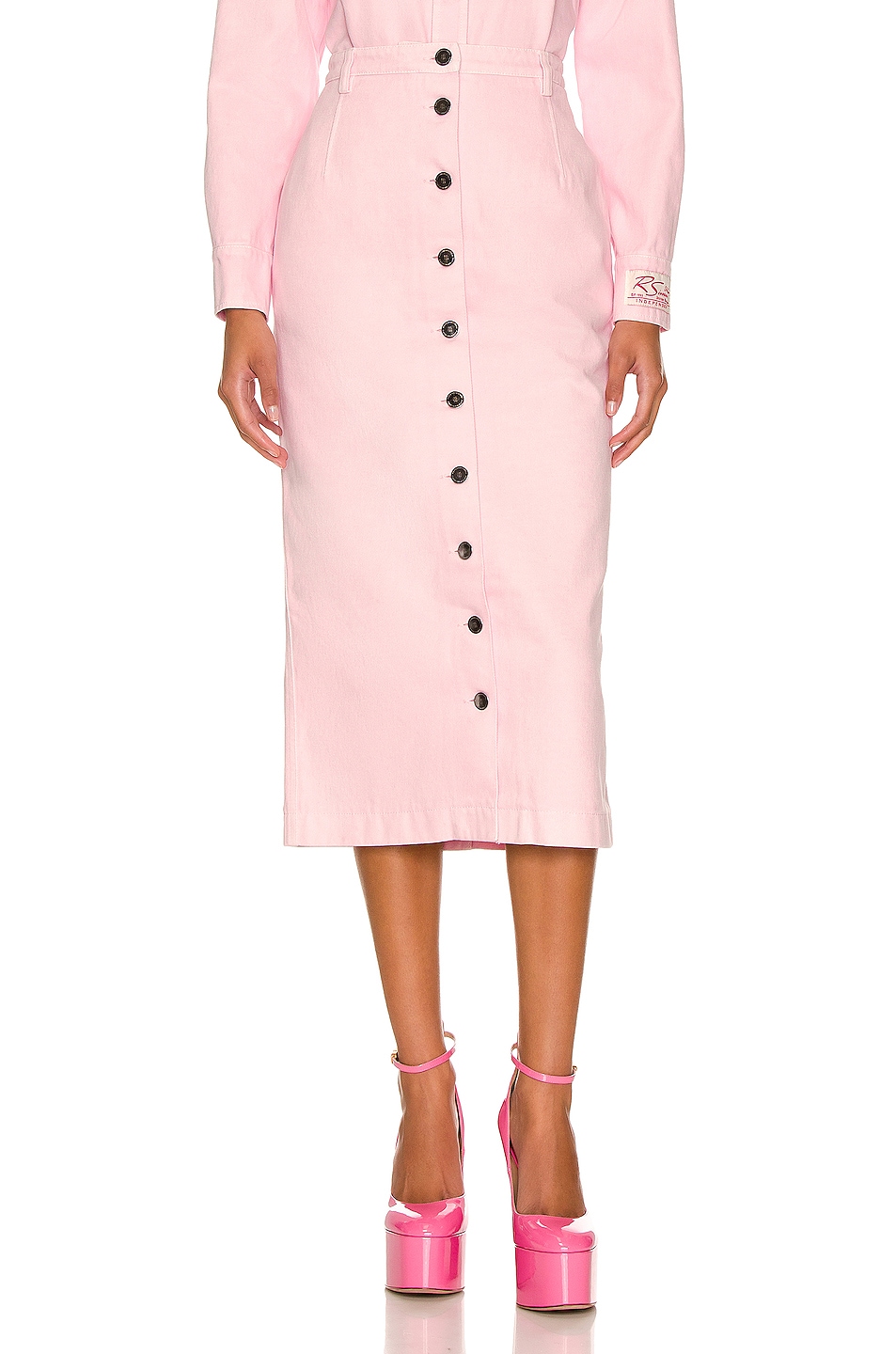 Image 1 of Raf Simons Button Up Denim Skirt in Light Pink