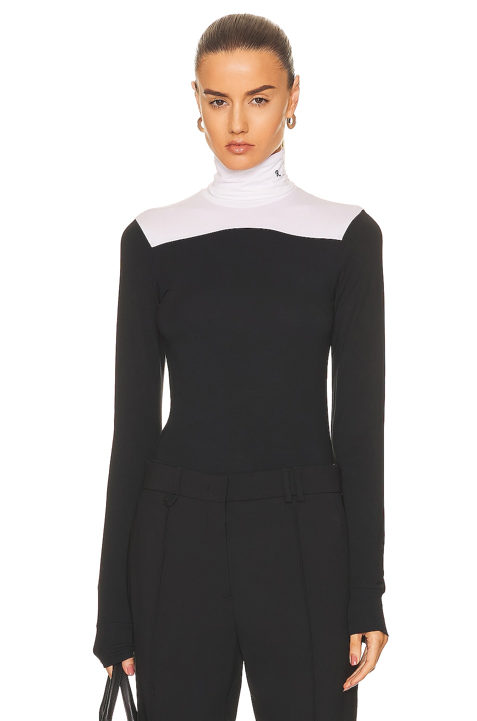 Image 1 of Raf Simons Bicolor Turtleneck R Embroidery Top in Black & White