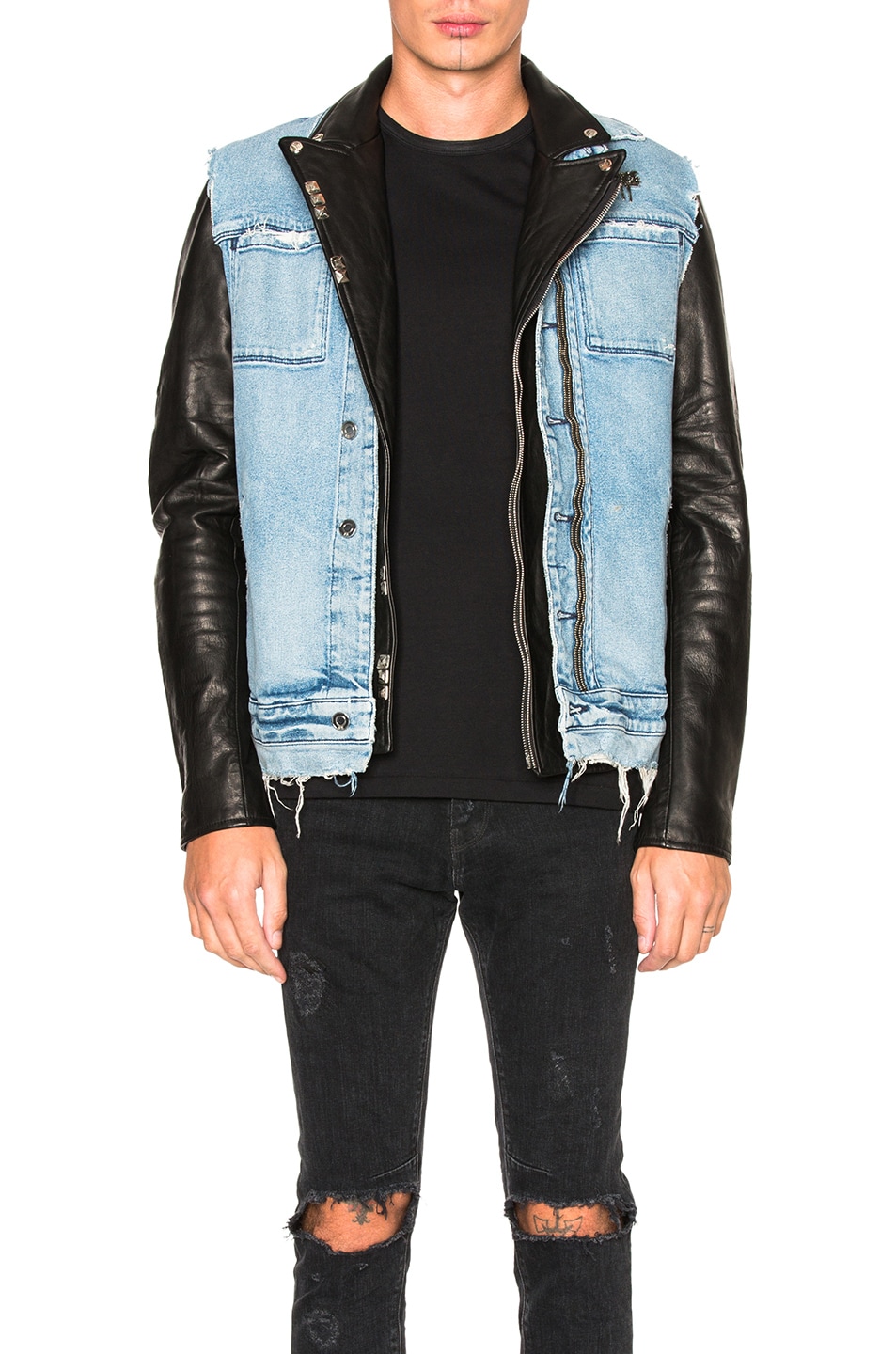 Image 1 of RTA Leather & Denim Detach Jacket in Black & Light Blue