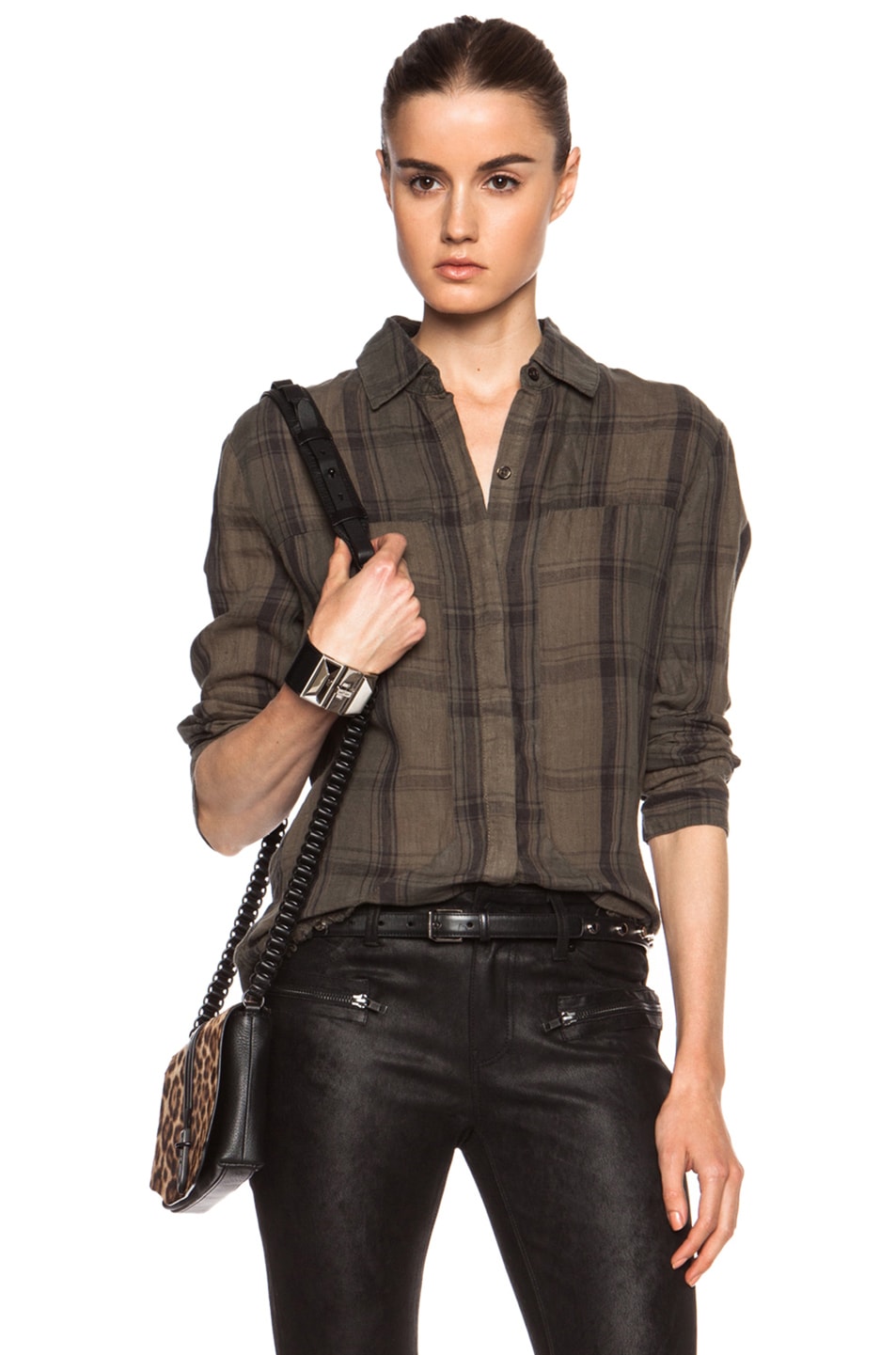 Image 1 of RTA Industrial Button Up Linen Top in Army Plaid