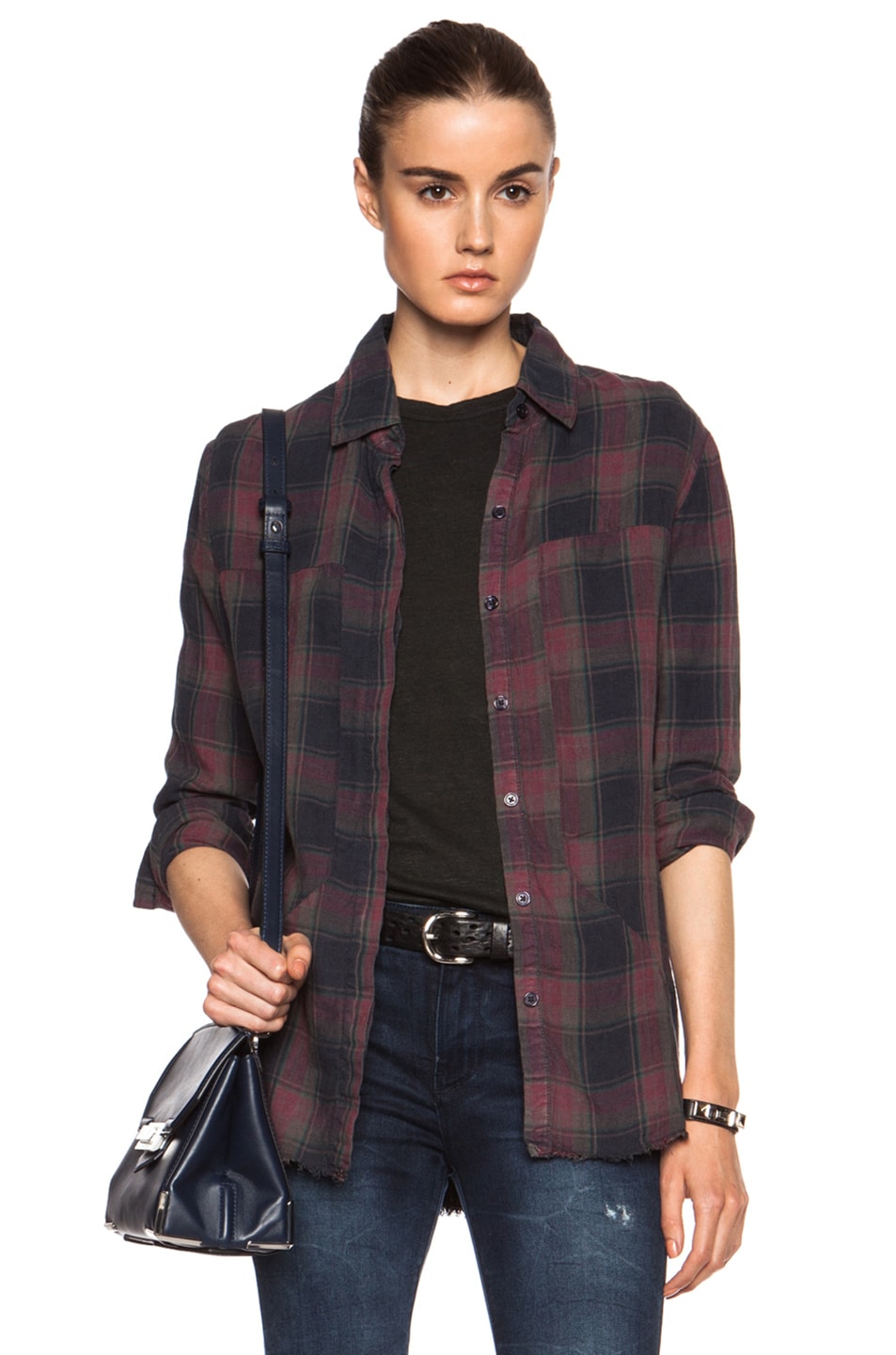 RTA Industrial Button Up Linen Top in Grunge Plaid | FWRD