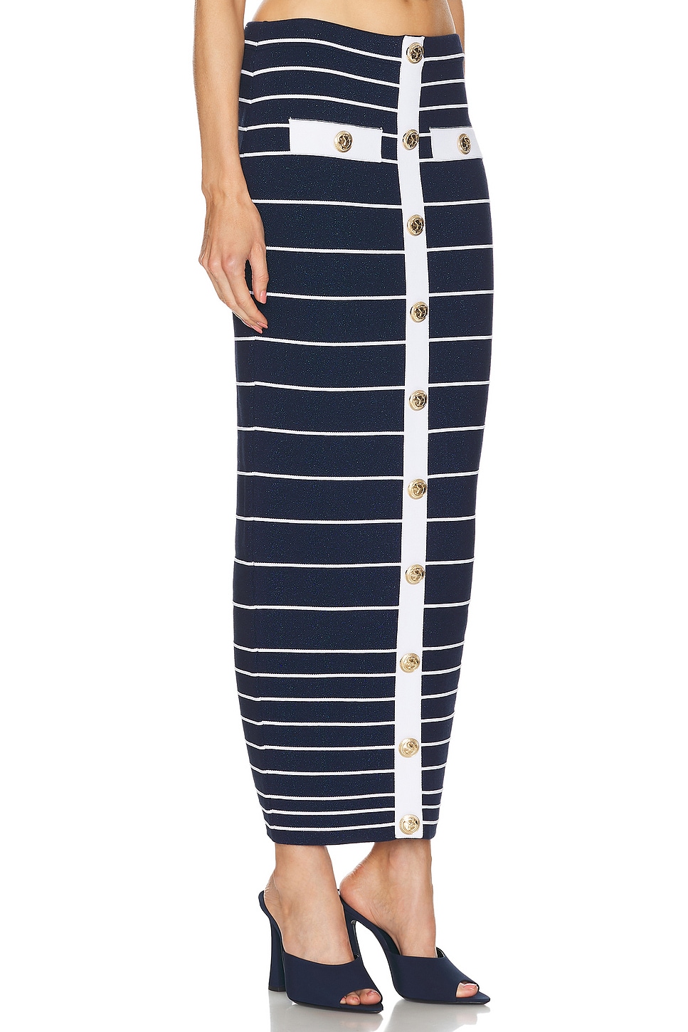 Shop Retroféte Clarissa Knit Skirt In Metallic Navy & White