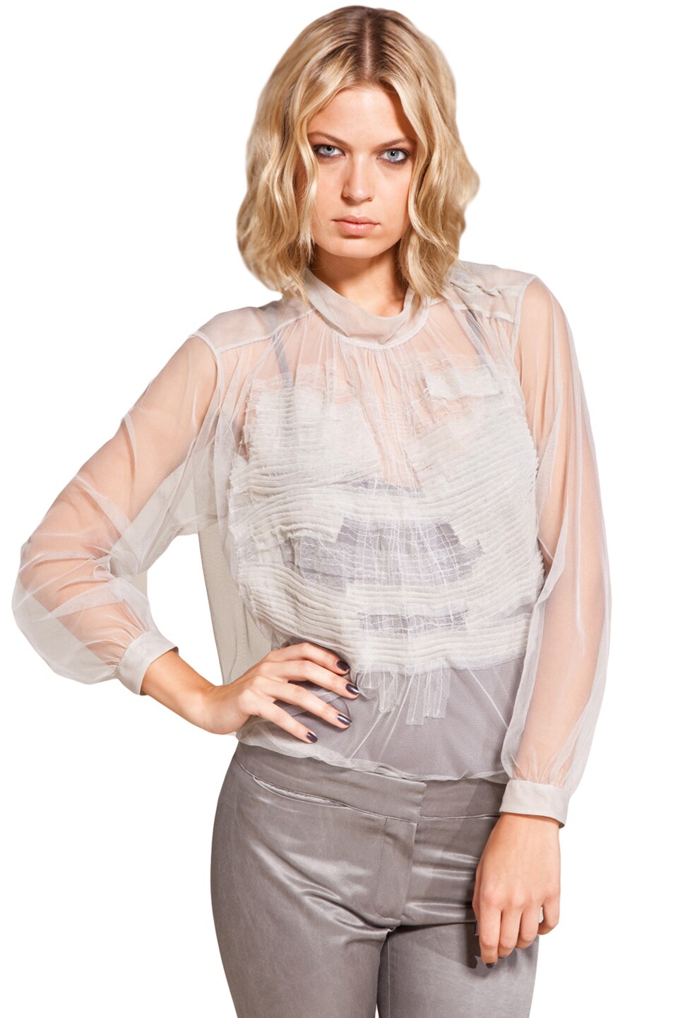 Image 1 of Rue du Mail Tulle Long Sleeve Top in Dust