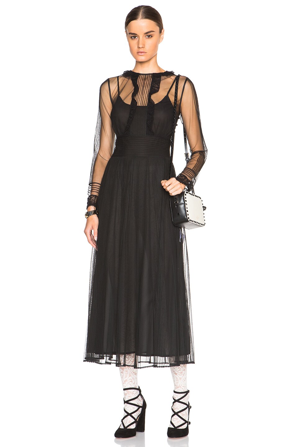 Image 1 of Red Valentino Sheer Sleeve Maxi Dress in Black