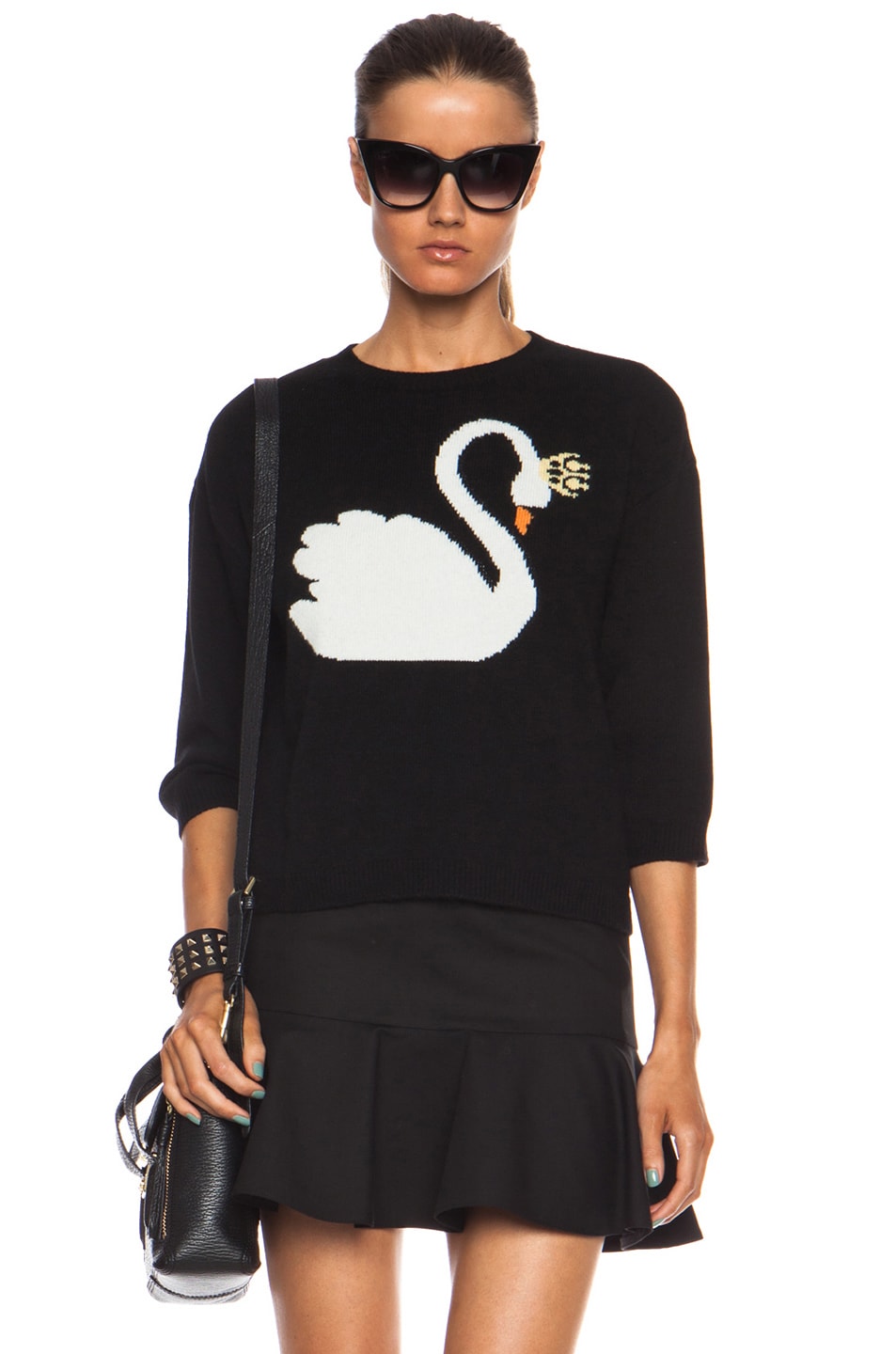 Image 1 of Red Valentino Cropped Wool Swan Sweater in Black & White Smoke