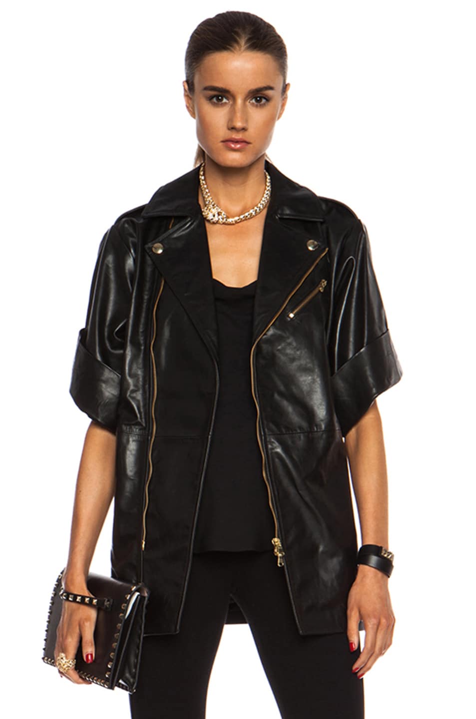 Image 1 of Red Valentino Belted Leather Jacket in Black