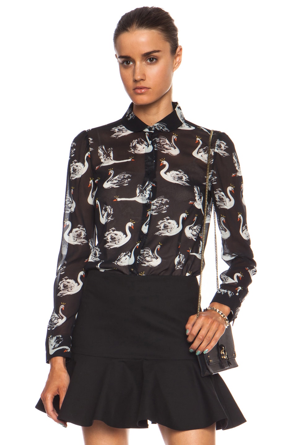 Image 1 of Red Valentino Swan Silk Button Down in Black