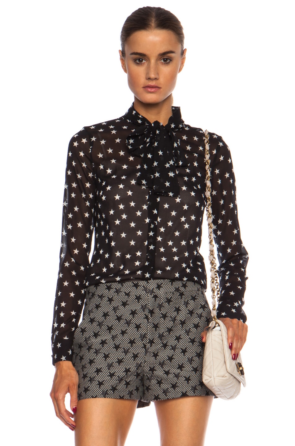 Image 1 of Red Valentino Stars Silk Button Down with Removable Collar in Black