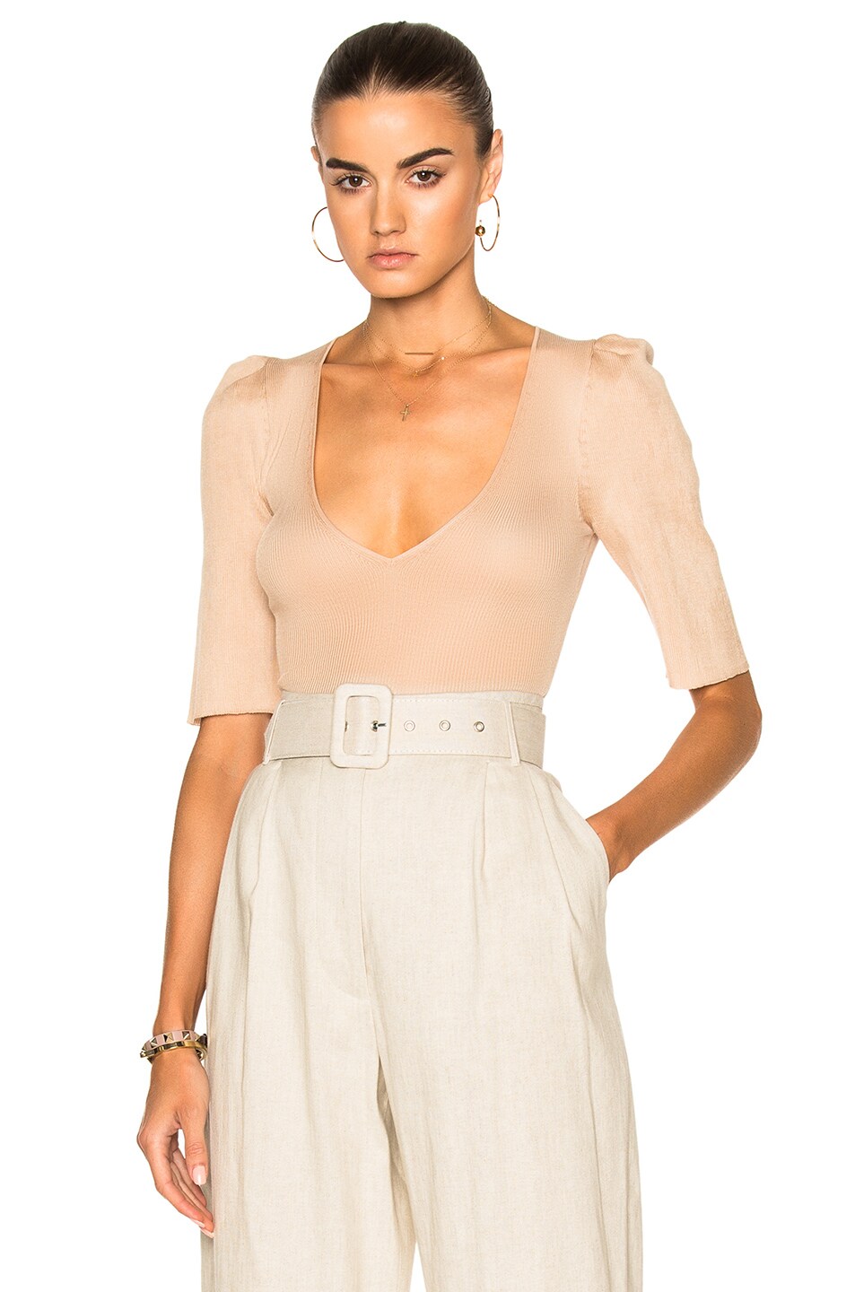 Image 1 of Ryan Roche Bodysuit with Structured Puff Sleeves in Roche Nude