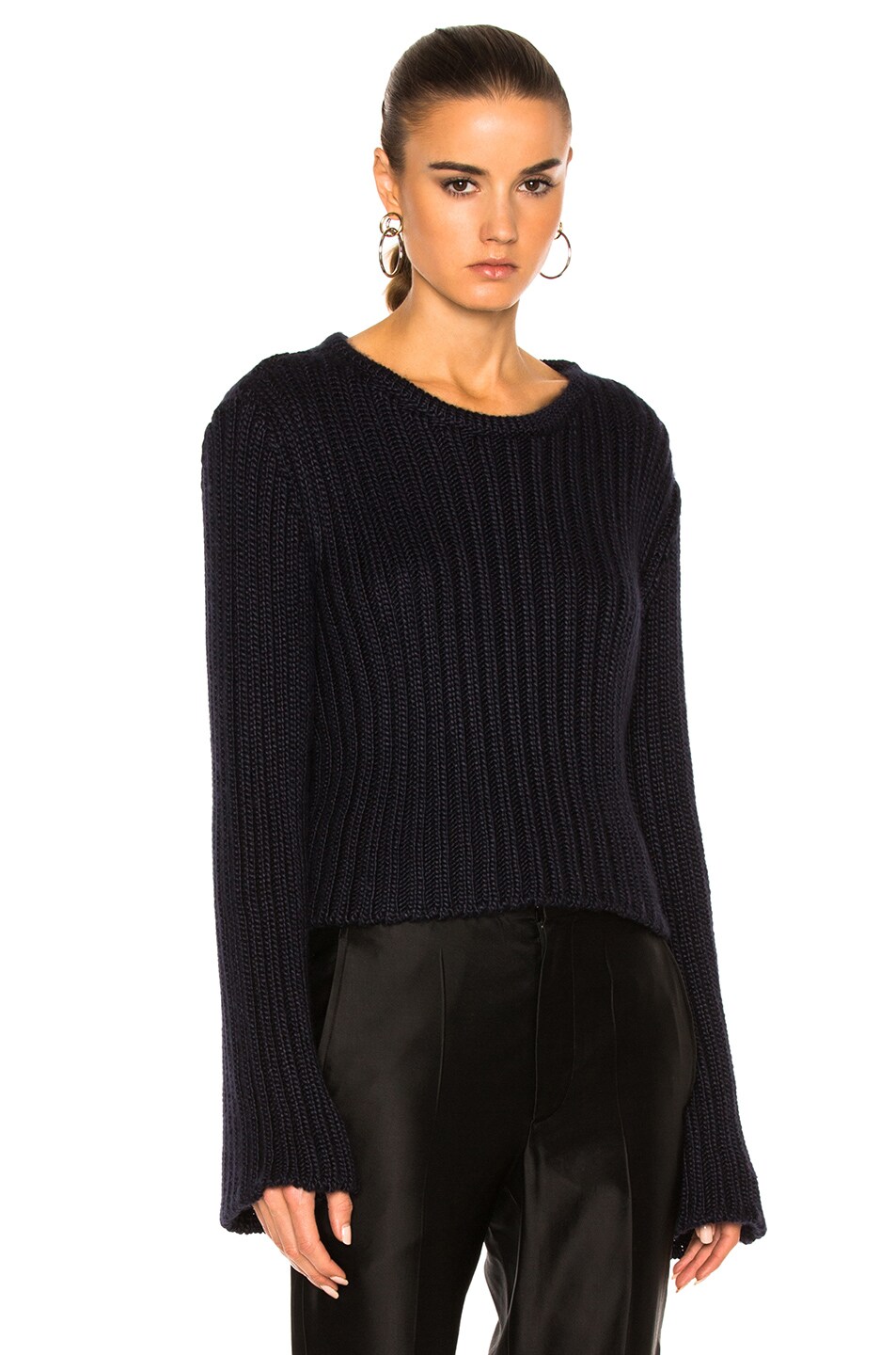 Image 1 of Ryan Roche Cropped Ribbed Sweater in Black & Navy