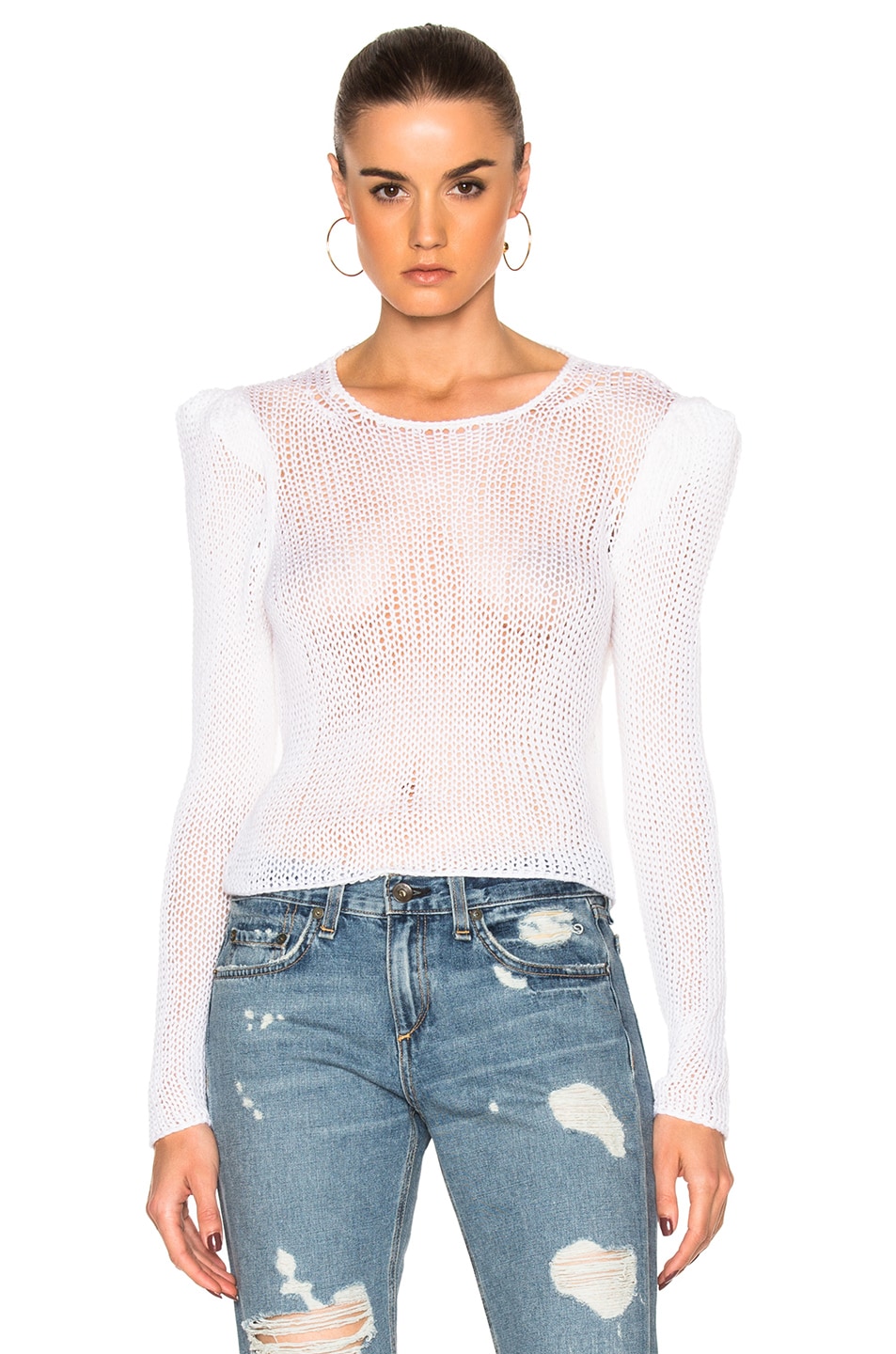 Image 1 of Ryan Roche Open Knit Sweater with Long Puff Sleeves in White