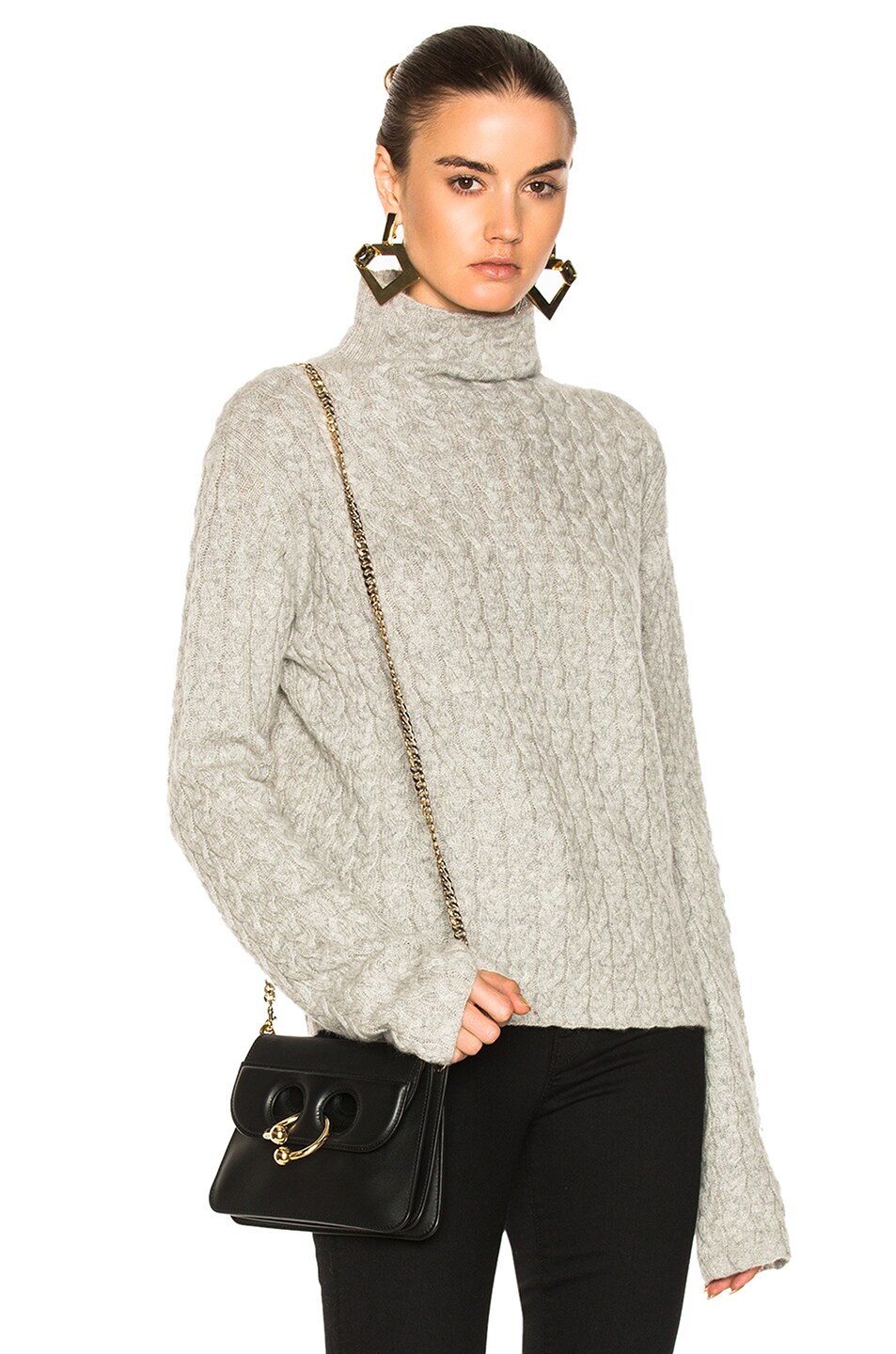 Image 1 of Ryan Roche Cable Mock Turtleneck Sweater in Heather Grey