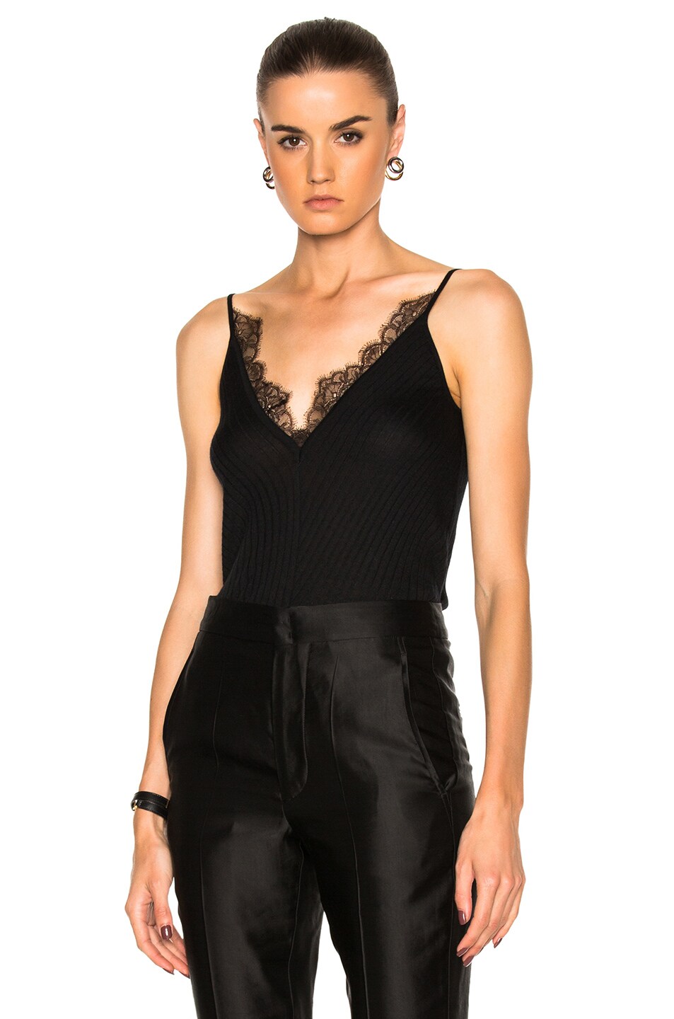 Image 1 of Ryan Roche Ribbed Tank Top with Lace Insert in Black
