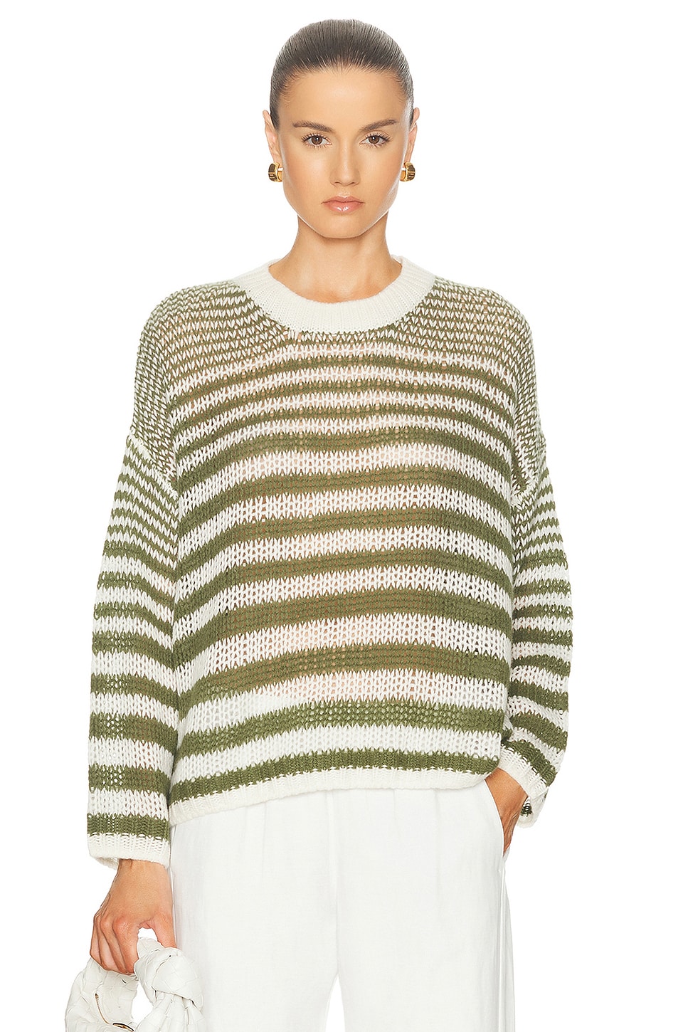 Image 1 of SABLYN Sheyla Slouchy Open Crewneck Striped Pullover Sweater in Olive Multi