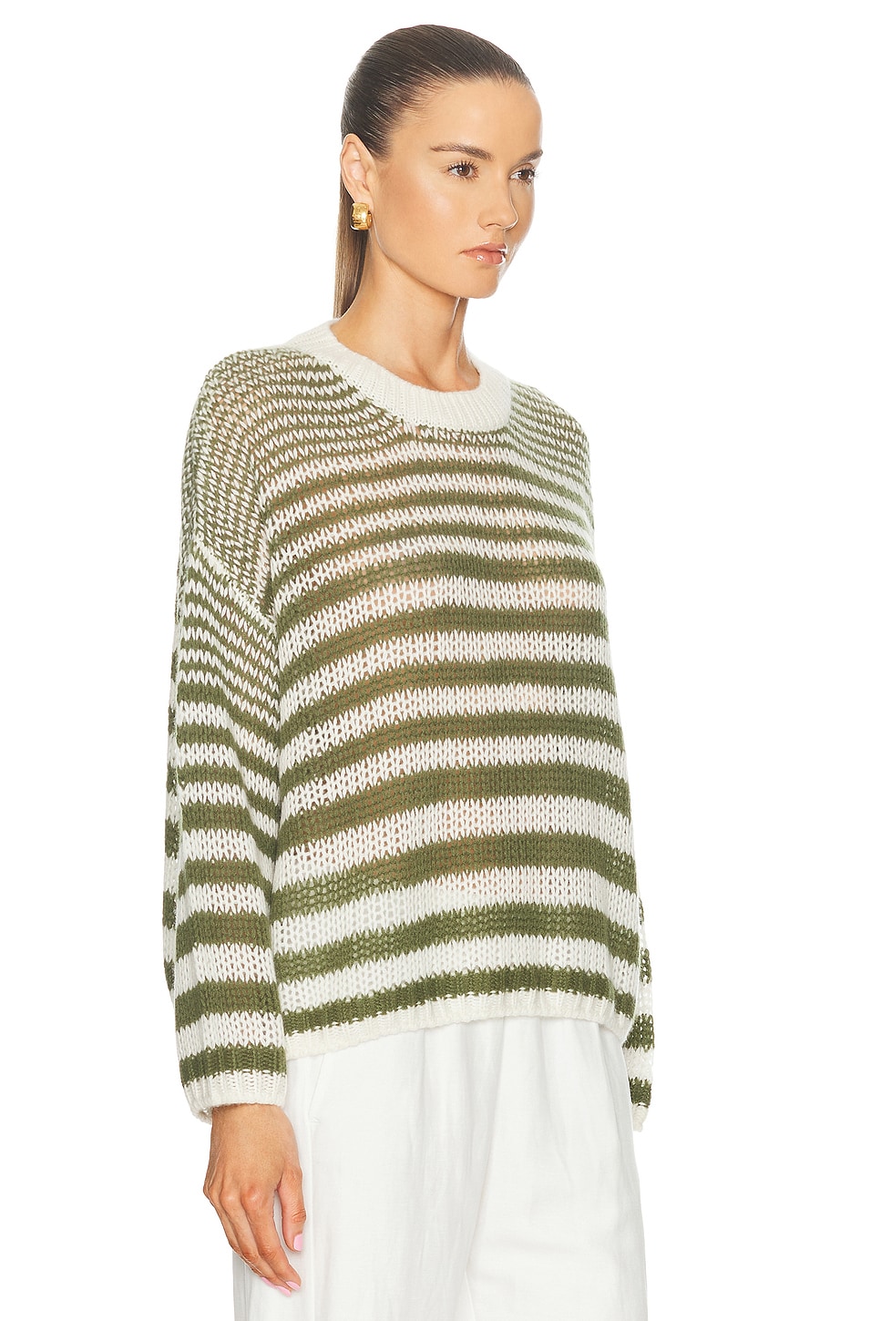 Shop Sablyn Sheyla Slouchy Open Crewneck Striped Pullover Sweater In Olive Multi