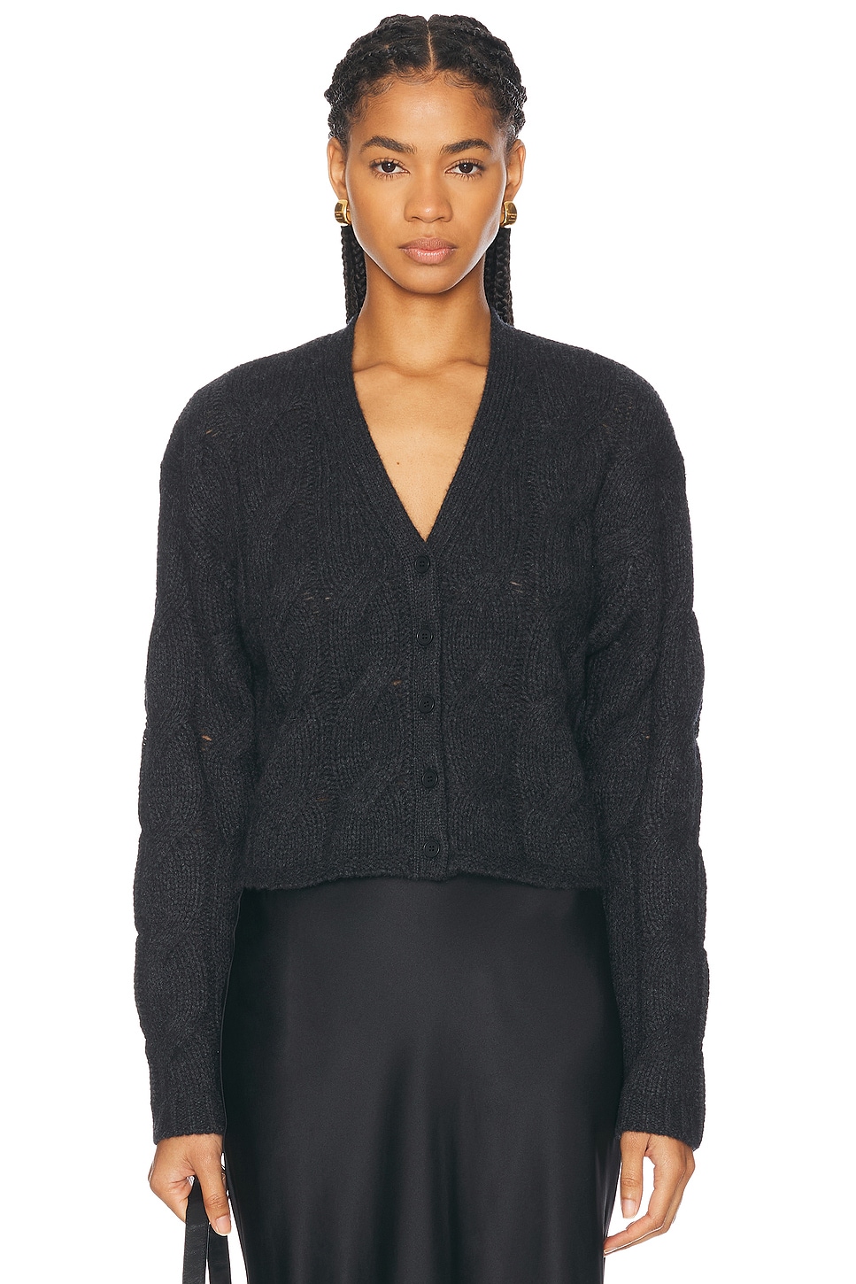 Jolie V Neck Cropped Cable Knit Cardigan in Charcoal