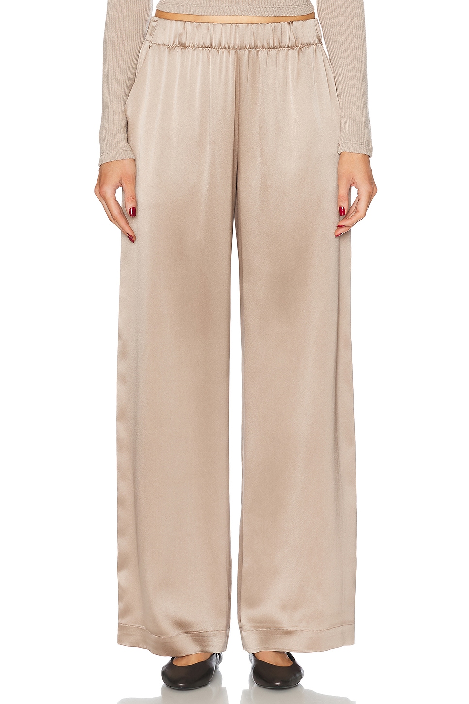 Brynn High Rise Pull On Wide Leg Pant in Beige